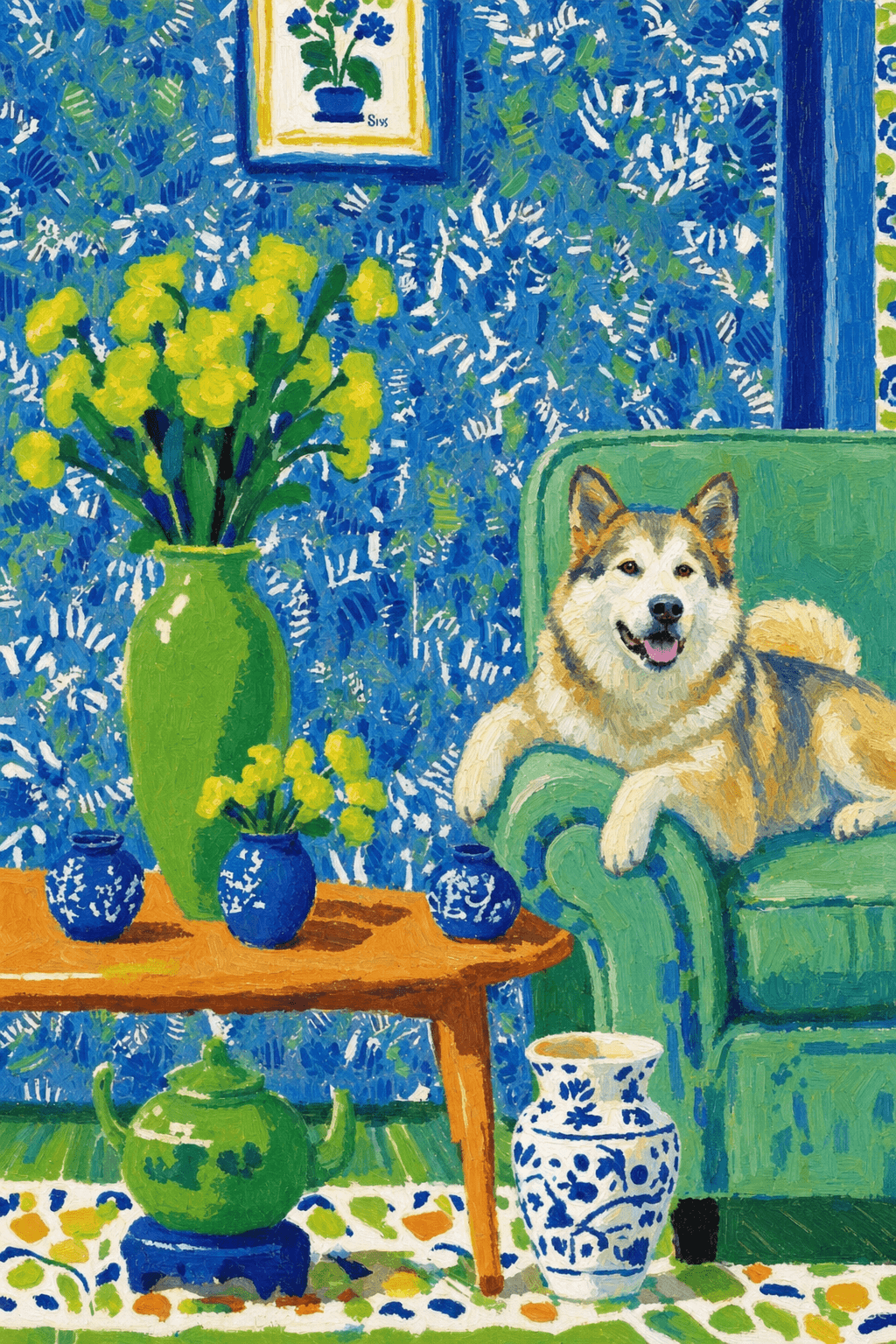 A pet lazy lying on the couch, with head tilt on the edge of couch, eye looking at the the vase. Art Style: Paint in Fauvism, post-impressionism style. Use simplified shapes, exaggerates color, and flattens perspective to create charm and personality.
Use saturated, non-naturalistic colors and flattened perspective reminiscent of Henri Matisse.
The brushwork is loose, visible, and painterly, with uneven strokes that give the surface texture and movement.
Paint with large areas of flat color patches, simplified shapes, bold decorative outlines, and minimal blending.
The composition is flattened and slightly distorted, with compressed perspective.
The painting is expressive, utilizing thick, confident strokes and quick, rhythmic marks that prioritize texture and visual energy over realistic blending or depth.