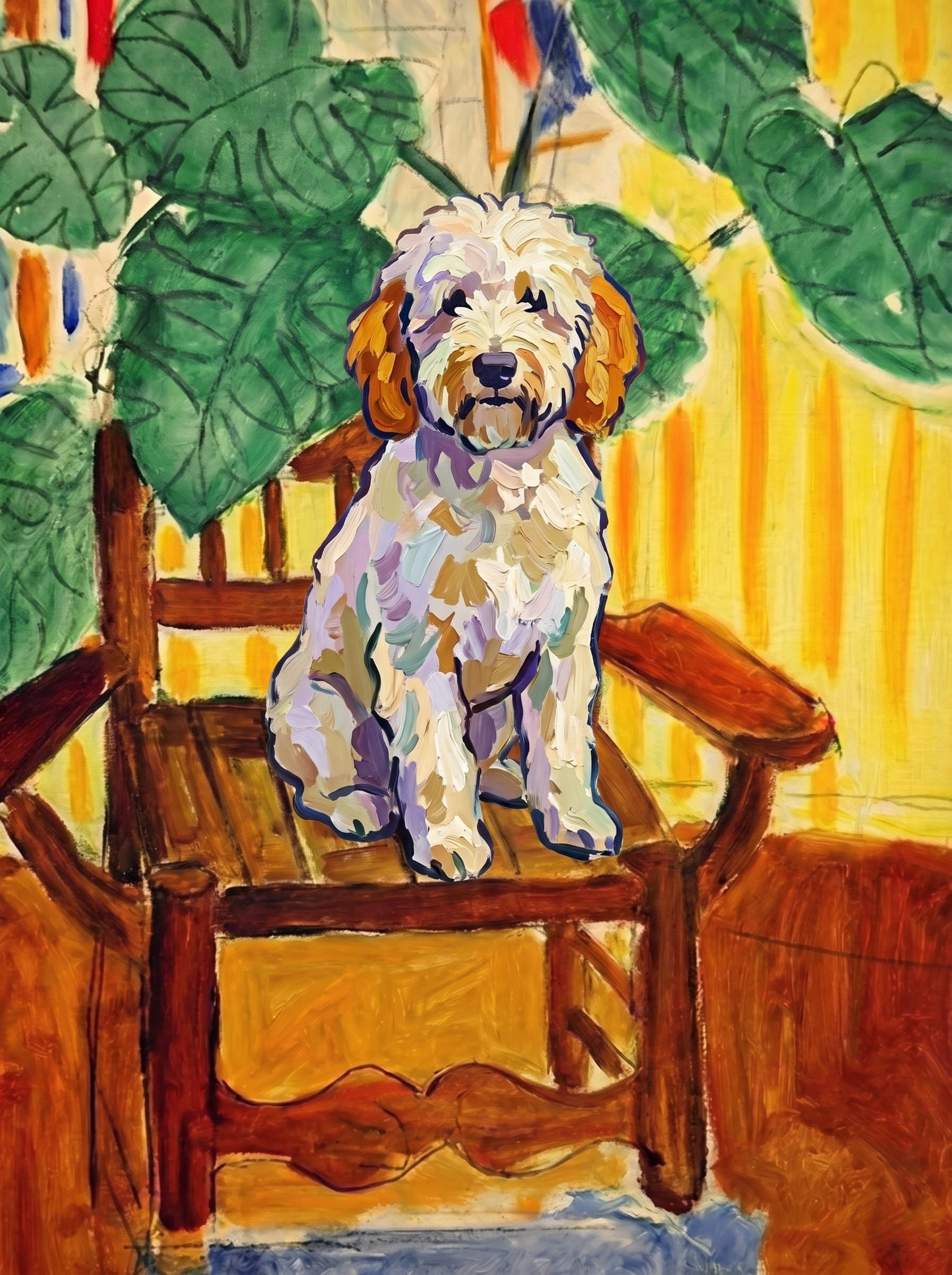 A pet sitting on a brown chair, looking at the viewer. Art Style: Paint in Fauvism, post-impressionism style. Use simplified shapes, exaggerates color, and flattens perspective to create charm and personality.
Use saturated, non-naturalistic colors and flattened perspective reminiscent of Henri Matisse.
The brushwork is loose, visible, and painterly, with uneven strokes that give the surface texture and movement.
Paint with large areas of flat color patches, simplified shapes, bold decorative outlines, and minimal blending.
The composition is flattened and slightly distorted, with compressed perspective.
The painting is expressive, utilizing thick, confident strokes and quick, rhythmic marks that prioritize texture and visual energy over realistic blending or depth.