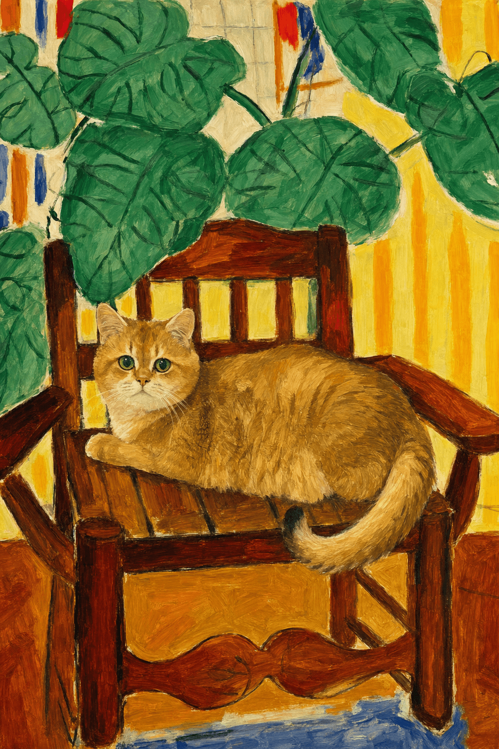 A pet sitting on a brown chair, looking at the viewer. Colors are applied with minimal blending, creating a flat, illustrative feel. The brushwork is broad, rapid, and direct. Strokes are loose, visible, applied thinly, defining the forms quickly without building up significant physical texture or impasto on the surface.