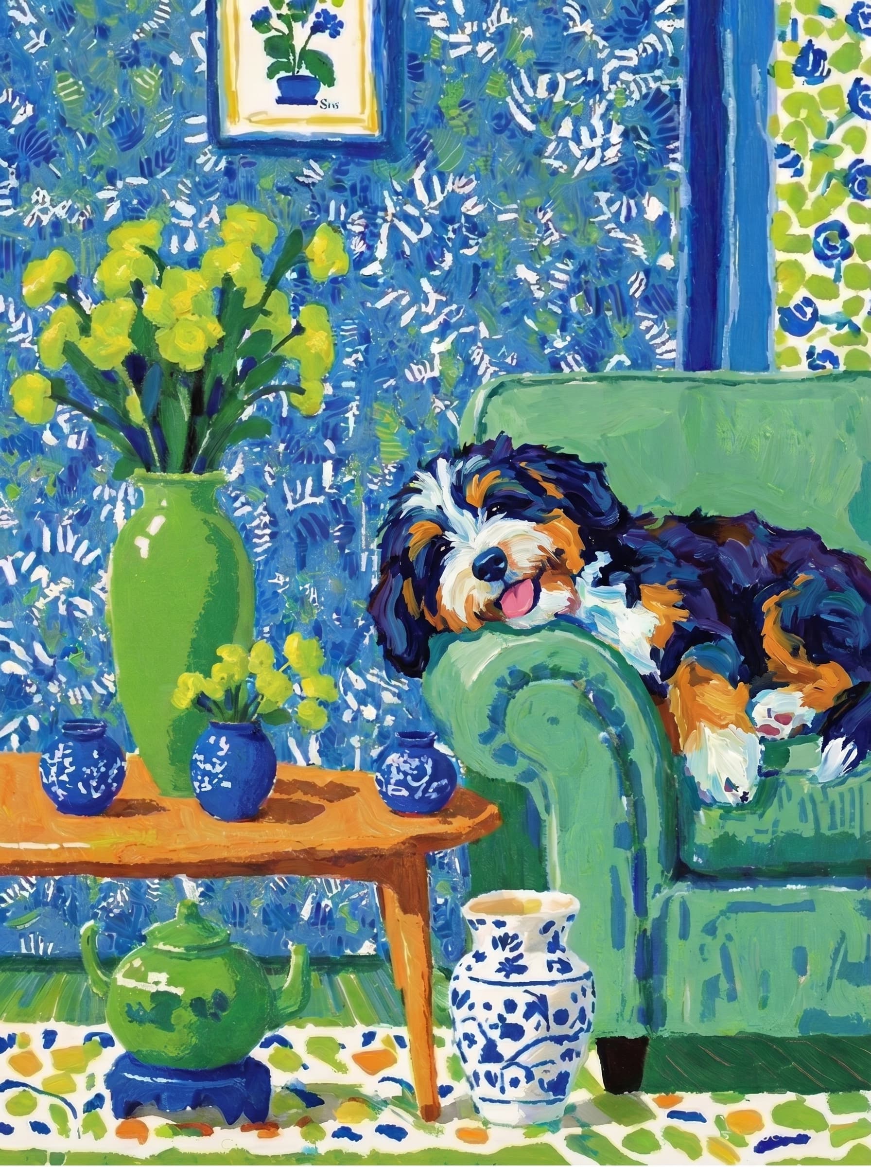 A pet lazy lying on the couch, with head tilt on the edge of couch, eye looking at the the vase. paint in post-impressionism style. Use saturated, non-naturalistic colors and flattened perspective reminiscent of Henri Matisse. painterly and expressive, utilizing thick, confident strokes and quick, rhythmic marks that prioritize texture and visual energy over realistic blending or depth.