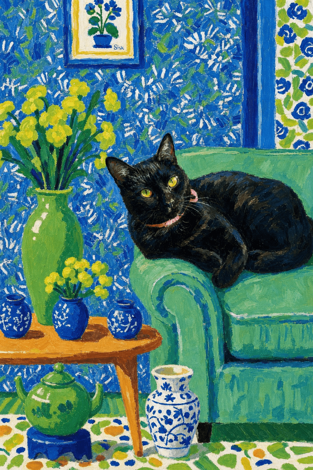 A pet lazy lying on the couch, with head tilt on the edge of couch, eye looking at the the vase. paint in post-impressionism style. Use saturated, non-naturalistic colors and flattened perspective reminiscent of Henri Matisse. painterly and expressive, utilizing thick, confident strokes and quick, rhythmic marks that prioritize texture and visual energy over realistic blending or depth.