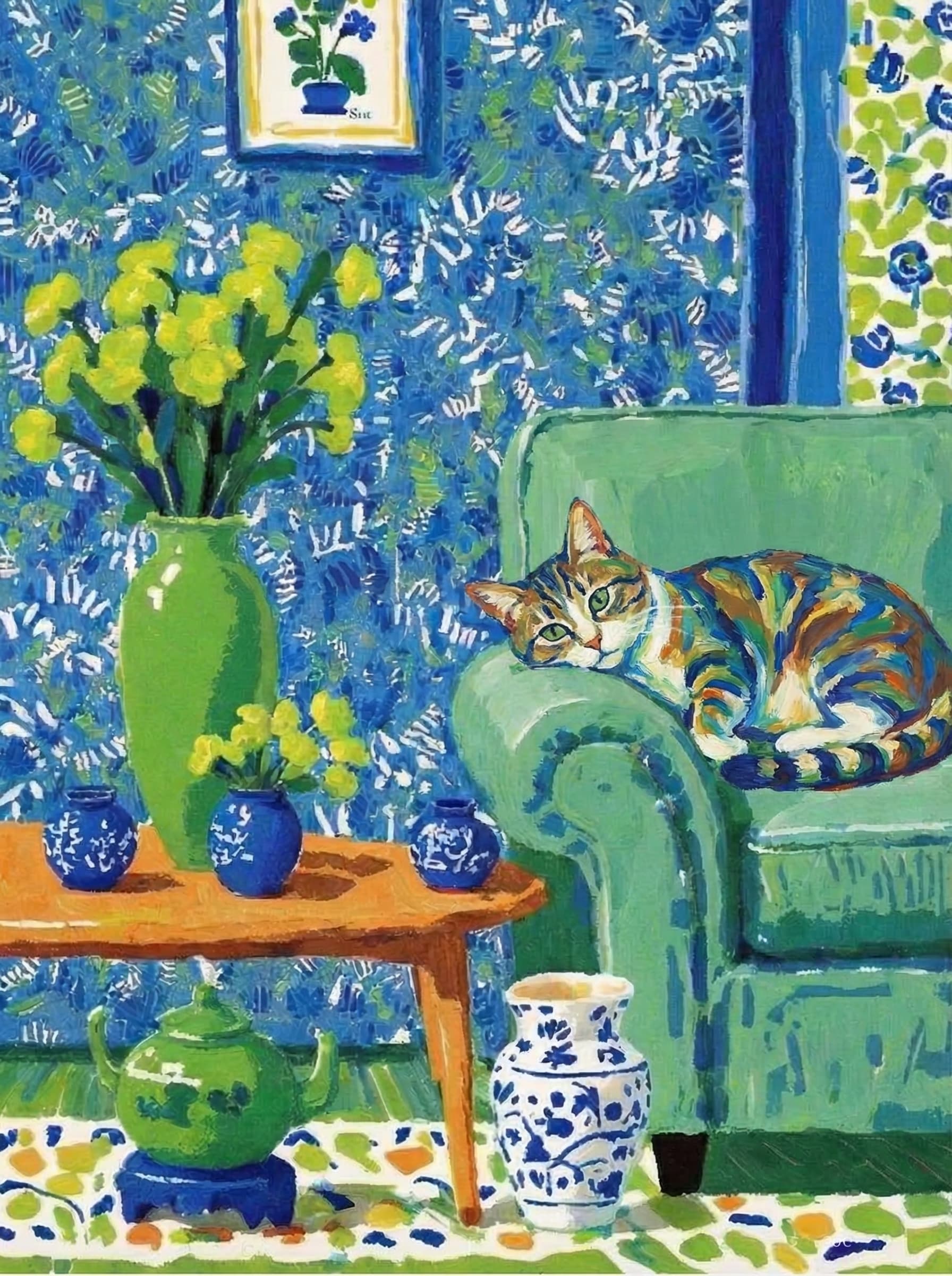 A pet lazy lying on the couch, with head tilt on the edge of couch, eye looking at the the vase. paint in post-impressionism style. Use saturated, non-naturalistic colors and flattened perspective reminiscent of Henri Matisse. painterly and expressive, utilizing thick, confident strokes and quick, rhythmic marks that prioritize texture and visual energy over realistic blending or depth.