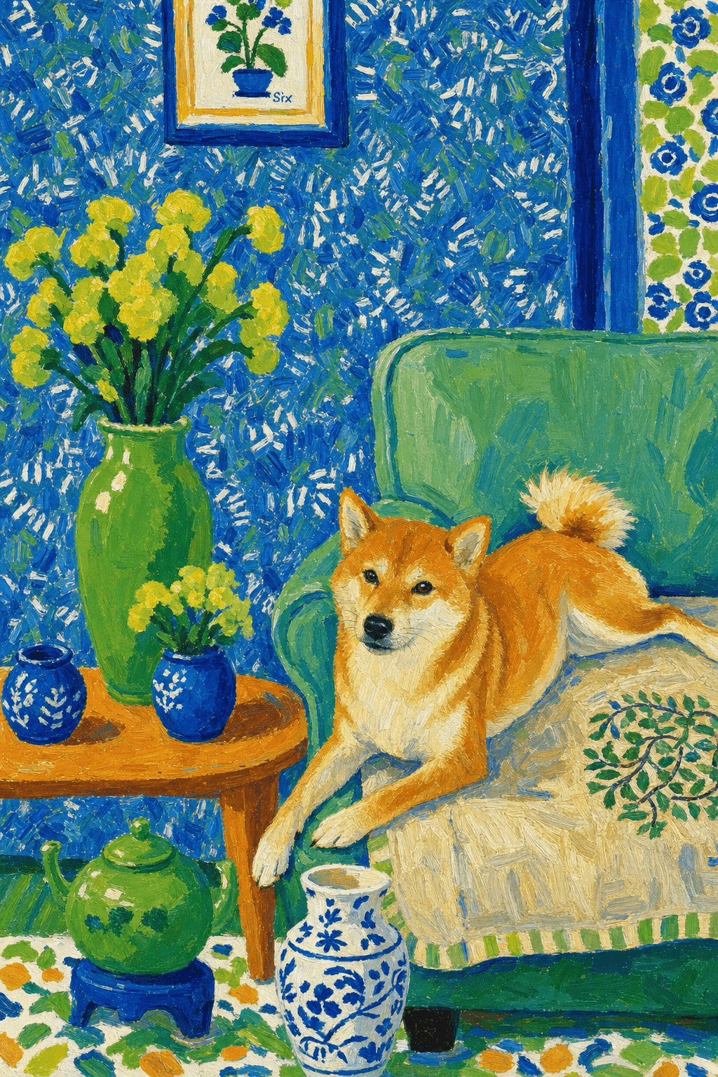 A pet lazy lying on the couch, with head tilt on the edge of couch, eye looking at the the vase. paint in post-impressionism style. Use saturated, non-naturalistic colors and flattened perspective reminiscent of Henri Matisse. painterly and expressive, utilizing thick, confident strokes and quick, rhythmic marks that prioritize texture and visual energy over realistic blending or depth.