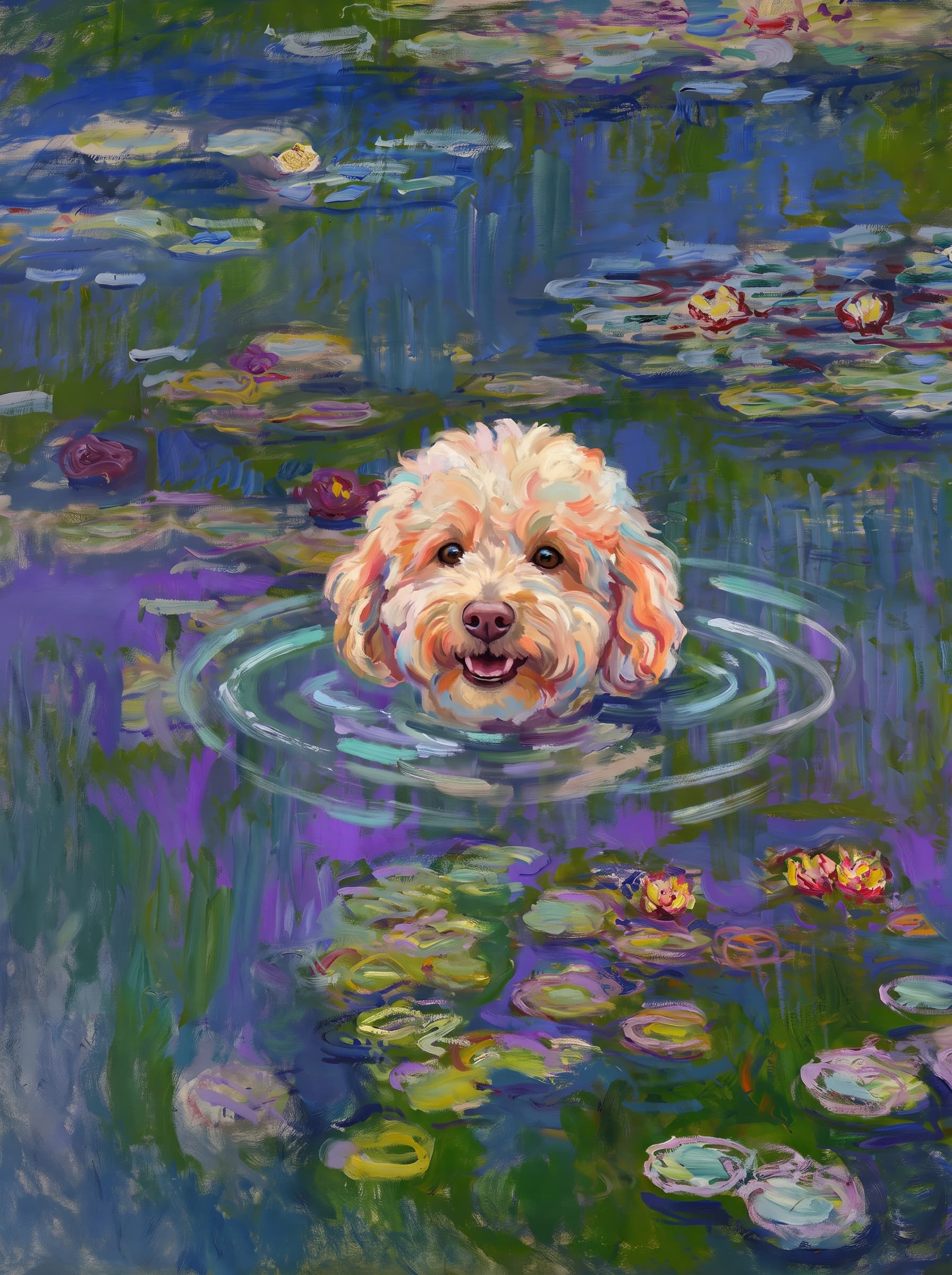 The pet should appear naturally integrated into the middle of the pond, swimming calmly through the water with only its head, upper neck, and a subtle suggestion of its back visible above the surface.
The pet should be facing forward and looking directly at the viewer. Its wet fur should be suggested through painterly strokes.
Blend the pet into the scene using Monet-like impressionist oil painting techniques: visible layered brushstrokes, soft broken color, blue-green reflections, violet shadows, golden-orange highlights, and shimmering ripples around the pet.
The water should partially obscure the pet’s body, with delicate circular ripples spreading outward. Nearby lily pads and water lilies should remain undisturbed but subtly interact with the ripples.
The pet must feel like it was originally painted into the artwork, not pasted on top. Match the atmospheric softness, painterly texture, scale, perspective, and color harmony of the original Water Lilies painting.
Avoid photorealism, sharp outlines, modern digital effects, or excessive detail. The final image should look like a whimsical impressionist oil painting in the spirit of late Monet, with the pet quietly swimming among the lily pads at the center of the pond.
Art Style: Paint in Fauvism, post-impressionism style. Use simplified shapes, exaggerates color, and flattens perspective to create charm and personality.
Use saturated, non-naturalistic colors and flattened perspective reminiscent of Henri Matisse.
The brushwork is loose, visible, and painterly, with uneven strokes that give the surface texture and movement.
Paint with large areas of flat color patches, simplified shapes, bold decorative outlines, and minimal blending.
The composition is flattened and slightly distorted, with compressed perspective.
The painting is expressive, utilizing thick, confident strokes and quick, rhythmic marks that prioritize texture and visual energy over realistic blending or depth.