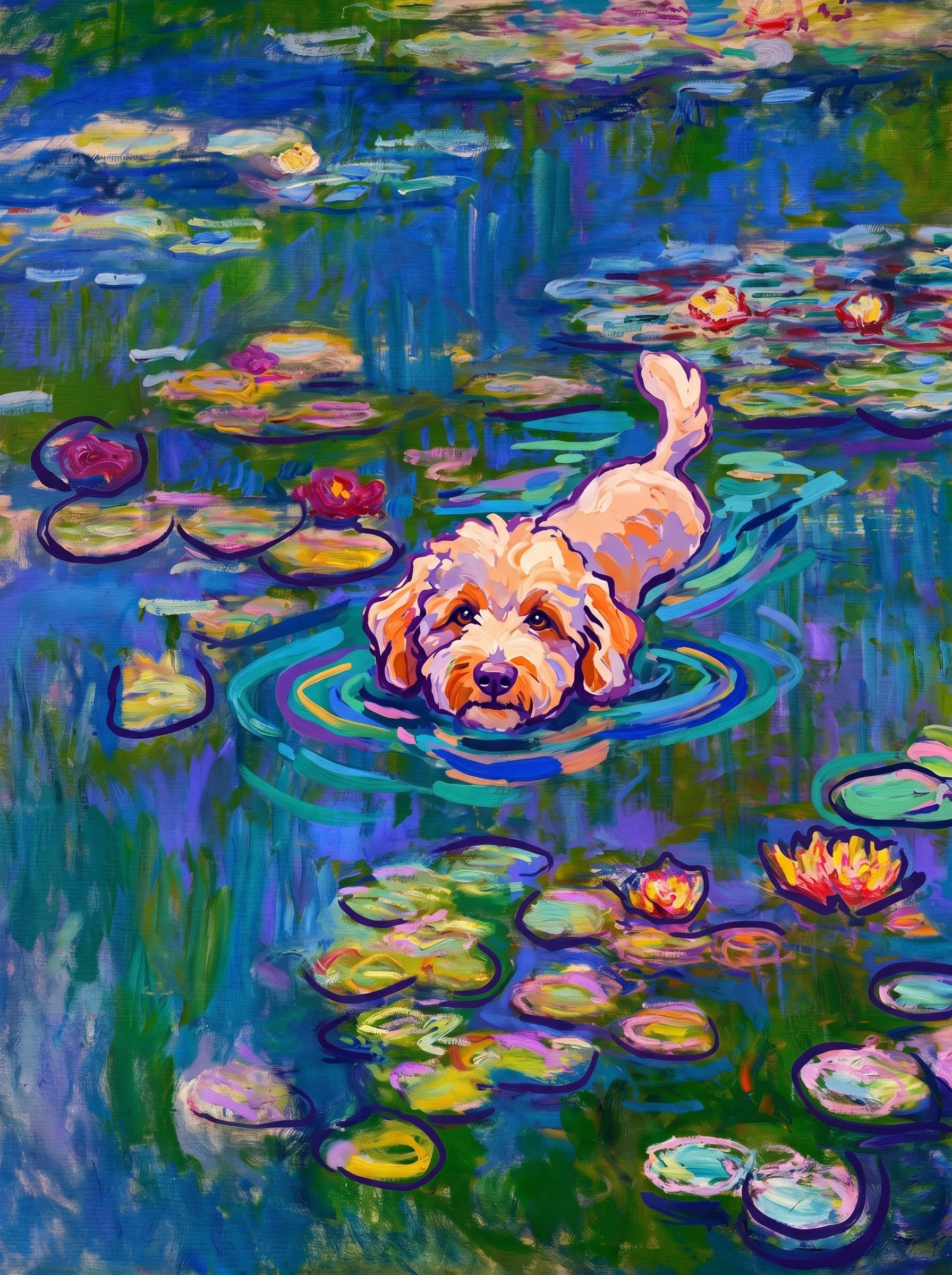 The pet should appear naturally integrated into the middle of the pond, swimming calmly through the water with only its head, upper neck, and a subtle suggestion of its back visible above the surface.
The pet should be facing forward and looking directly at the viewer. Its wet fur should be suggested through painterly strokes.
Blend the pet into the scene using Monet-like impressionist oil painting techniques: visible layered brushstrokes, soft broken color, blue-green reflections, violet shadows, golden-orange highlights, and shimmering ripples around the pet.
The water should partially obscure the pet’s body, with delicate circular ripples spreading outward. Nearby lily pads and water lilies should remain undisturbed but subtly interact with the ripples.
The pet must feel like it was originally painted into the artwork, not pasted on top. Match the atmospheric softness, painterly texture, scale, perspective, and color harmony of the original Water Lilies painting.
Avoid photorealism, sharp outlines, modern digital effects, or excessive detail. The final image should look like a whimsical impressionist oil painting in the spirit of late Monet, with the pet quietly swimming among the lily pads at the center of the pond.
Art Style: Paint in Fauvism, post-impressionism style. Use simplified shapes, exaggerates color, and flattens perspective to create charm and personality.
Use saturated, non-naturalistic colors and flattened perspective reminiscent of Henri Matisse.
The brushwork is loose, visible, and painterly, with uneven strokes that give the surface texture and movement.
Paint with large areas of flat color patches, simplified shapes, bold decorative outlines, and minimal blending.
The composition is flattened and slightly distorted, with compressed perspective.
The painting is expressive, utilizing thick, confident strokes and quick, rhythmic marks that prioritize texture and visual energy over realistic blending or depth.