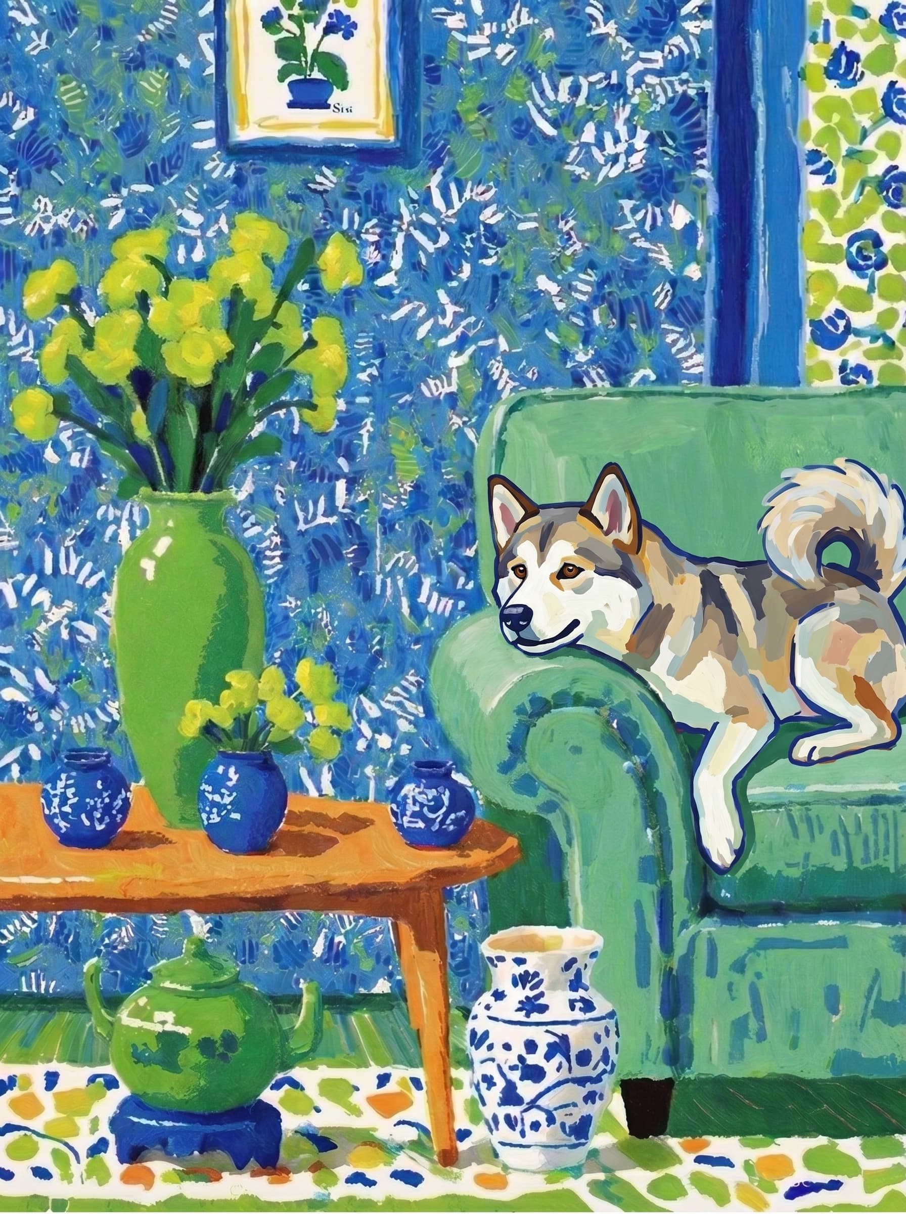 A pet lazy lying on the couch, with head tilt on the edge of couch, eye looking at the the vase. Art Style: Paint in Fauvism, post-impressionism style. Use simplified shapes, exaggerates color, and flattens perspective to create charm and personality.
Use saturated, non-naturalistic colors and flattened perspective reminiscent of Henri Matisse.
The brushwork is loose, visible, and painterly, with uneven strokes that give the surface texture and movement.
Paint with large areas of flat color patches, simplified shapes, bold decorative outlines, and minimal blending.
The composition is flattened and slightly distorted, with compressed perspective.
The painting is expressive, utilizing thick, confident strokes and quick, rhythmic marks that prioritize texture and visual energy over realistic blending or depth.