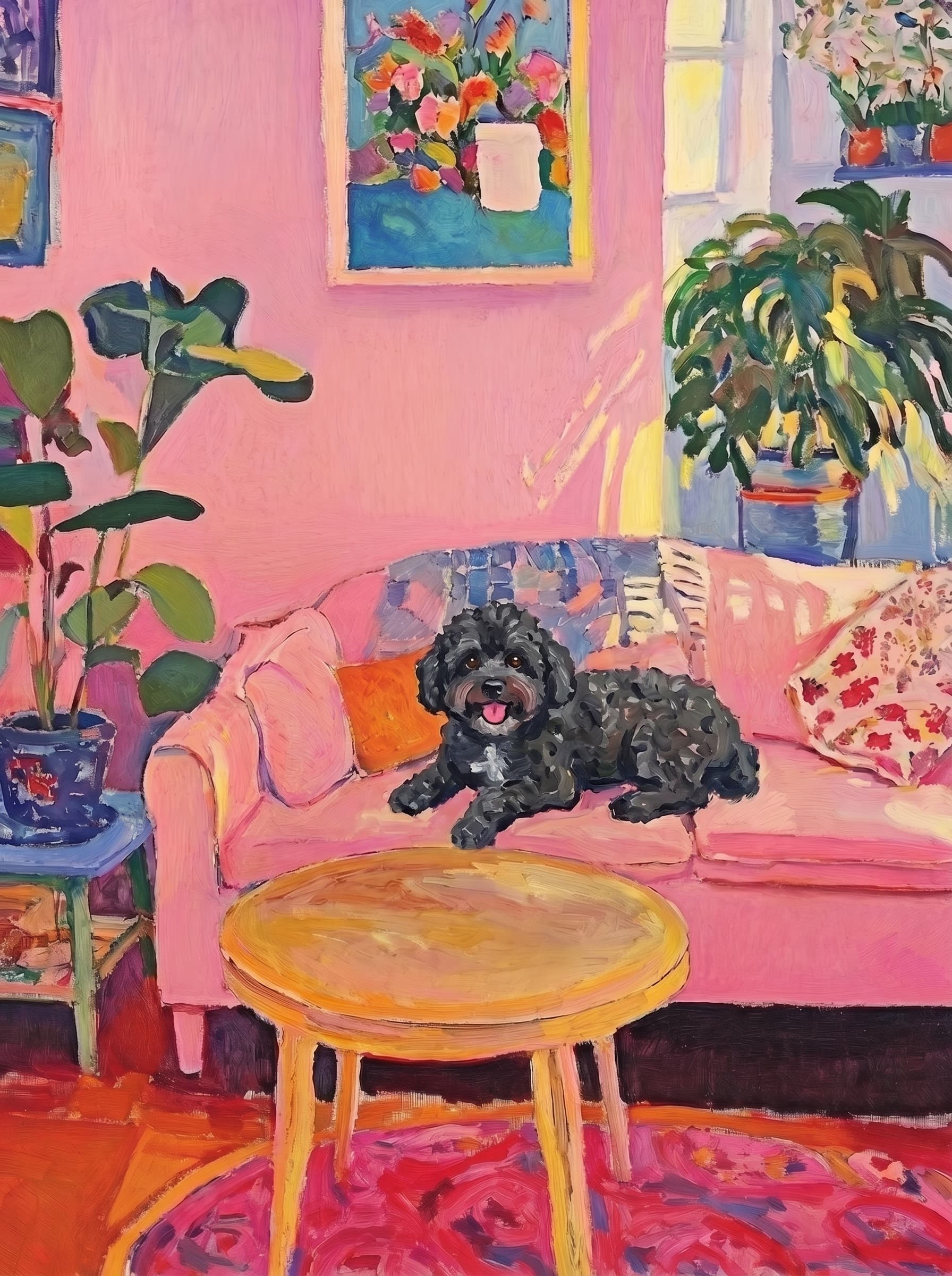 The painting shows a cozy, colorful interior with a warm pink wall and a large pink sofa in the foreground.
The pet is resting lazily on a bright pink velvet sofa. The pet’s looked completely relaxed and content.
The overall mood is cheerful and intimate, with bold outlines, visible brushstrokes, and slightly simplified forms.
Art Style: Paint in Fauvism, post-impressionism style. Use simplified shapes, exaggerates color, and flattens perspective to create charm and personality.
Use saturated, non-naturalistic colors and flattened perspective reminiscent of Henri Matisse.
The brushwork is loose, visible, and painterly, with uneven strokes that give the surface texture and movement.
Paint with large areas of flat color patches, simplified shapes, bold decorative outlines, and minimal blending.
The composition is flattened and slightly distorted, with compressed perspective.
The painting is expressive, utilizing thick, confident strokes and quick, rhythmic marks that prioritize texture and visual energy over realistic blending or depth.