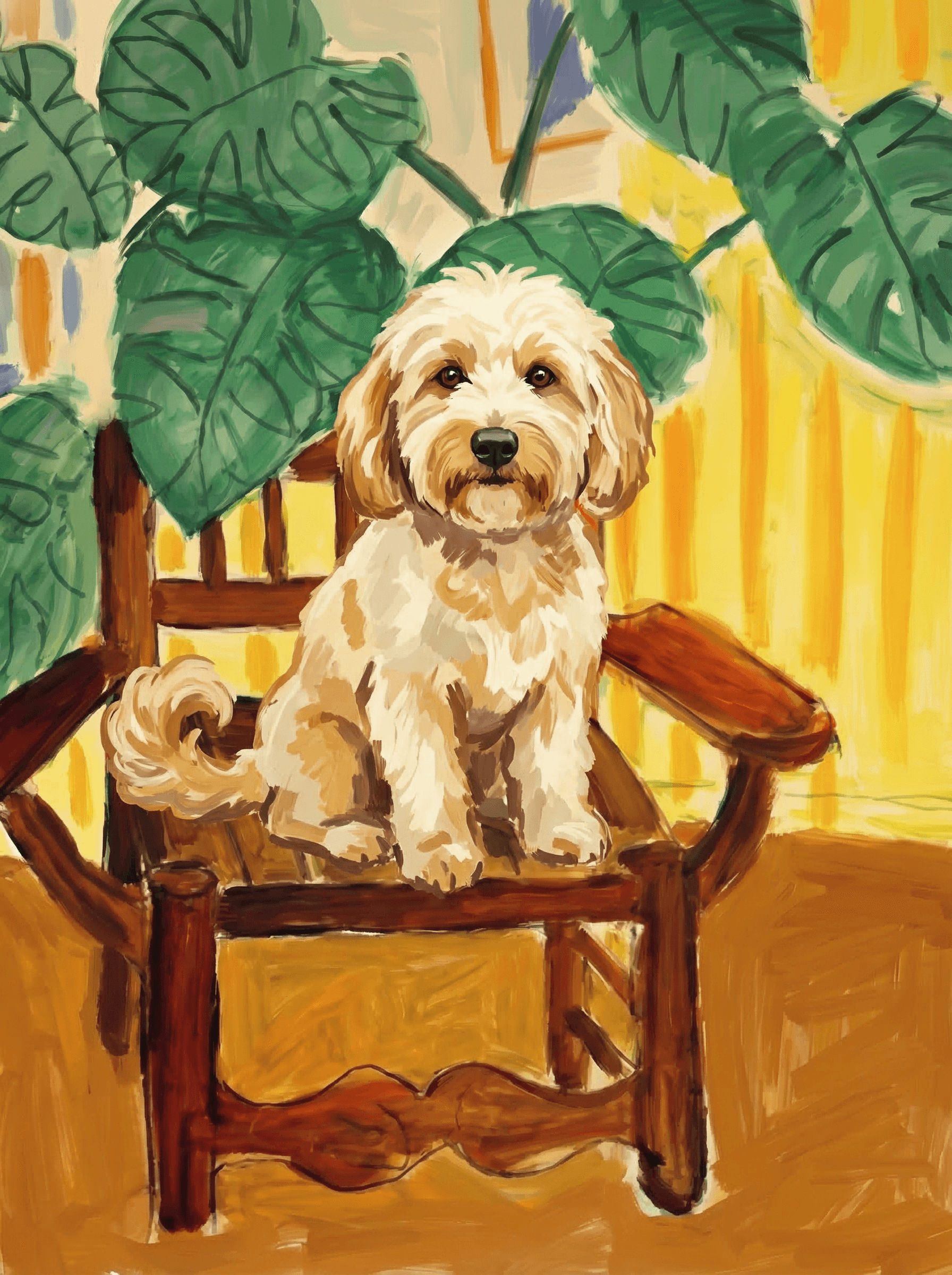 A pet sitting on a brown chair, looking at the viewer. Colors are applied with minimal blending, creating a flat, illustrative feel. The brushwork is broad, rapid, and direct. Strokes are loose, visible, applied thinly, defining the forms quickly without building up significant physical texture or impasto on the surface.