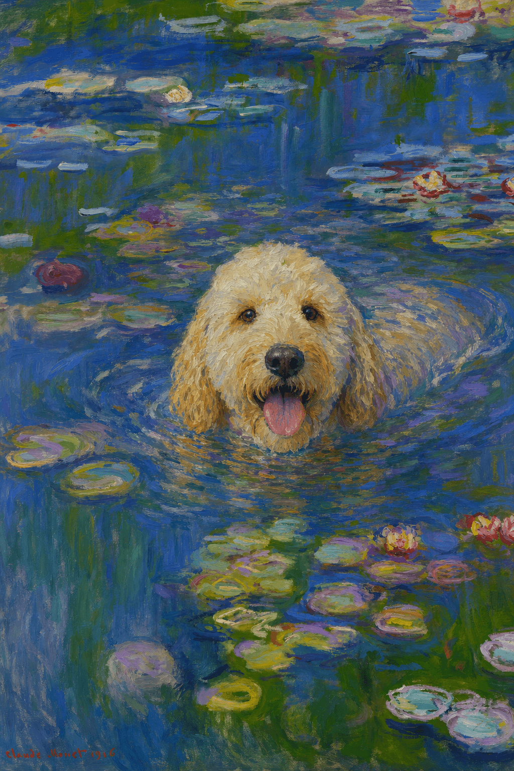 The pet should appear naturally integrated into the middle of the pond, swimming calmly through the water with only its head, upper neck, and a subtle suggestion of its back visible above the surface.
The pet should be facing forward and looking directly at the viewer. Its wet fur should be suggested through painterly strokes.
Blend the pet into the scene using Monet-like impressionist oil painting techniques: visible layered brushstrokes, soft broken color, blue-green reflections, violet shadows, golden-orange highlights, and shimmering ripples around the pet.
The water should partially obscure the pet’s body, with delicate circular ripples spreading outward. Nearby lily pads and water lilies should remain undisturbed but subtly interact with the ripples.
The pet must feel like it was originally painted into the artwork, not pasted on top. Match the atmospheric softness, painterly texture, scale, perspective, and color harmony of the original Water Lilies painting.
Avoid photorealism, sharp outlines, modern digital effects, or excessive detail. The final image should look like a whimsical impressionist oil painting in the spirit of late Monet, with the pet quietly swimming among the lily pads at the center of the pond.
Art Style: Paint in Fauvism, post-impressionism style. Use simplified shapes, exaggerates color, and flattens perspective to create charm and personality.
Use saturated, non-naturalistic colors and flattened perspective reminiscent of Henri Matisse.
The brushwork is loose, visible, and painterly, with uneven strokes that give the surface texture and movement.
Paint with large areas of flat color patches, simplified shapes, bold decorative outlines, and minimal blending.
The composition is flattened and slightly distorted, with compressed perspective.
The painting is expressive, utilizing thick, confident strokes and quick, rhythmic marks that prioritize texture and visual energy over realistic blending or depth.