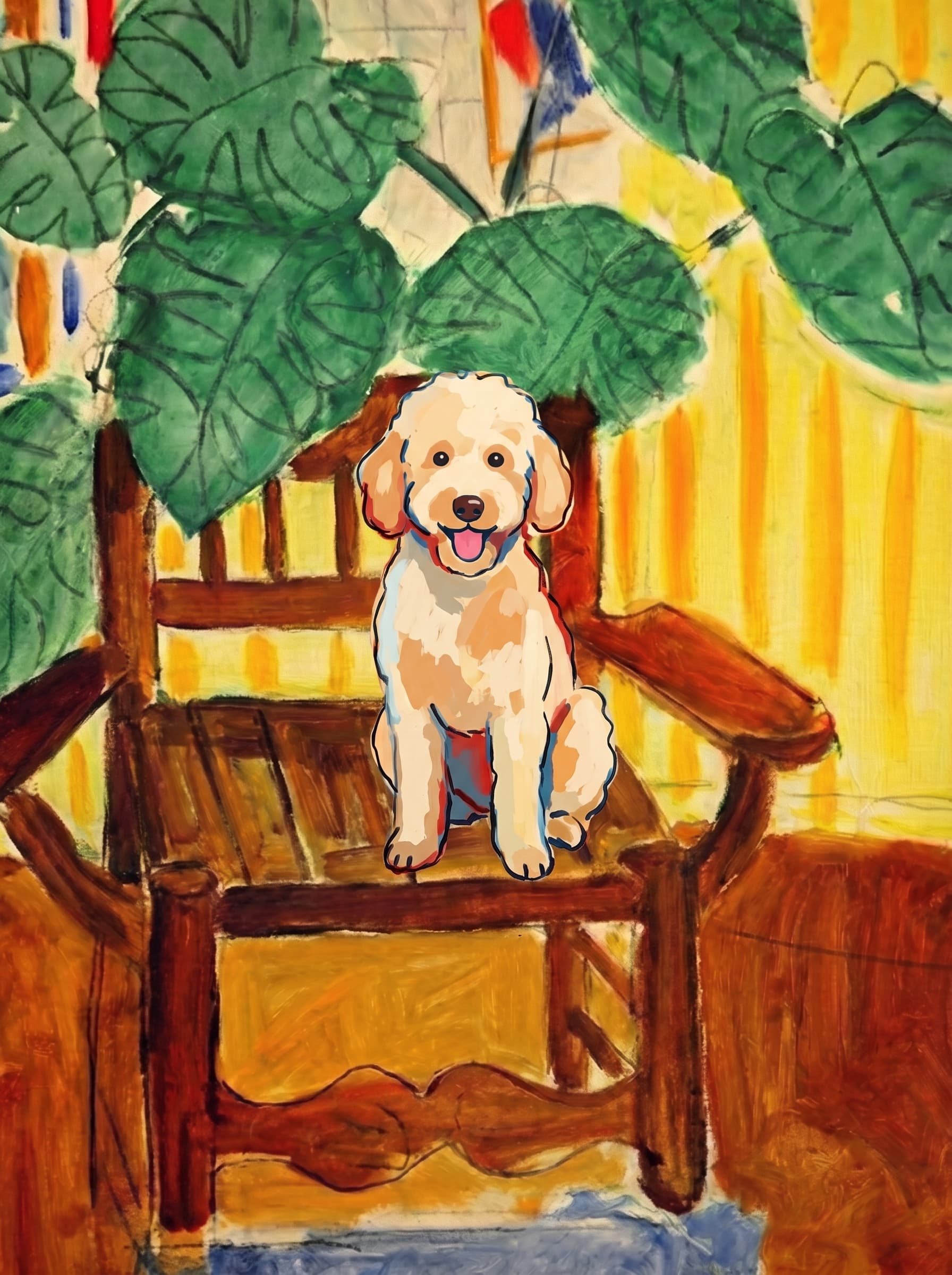 A pet sitting on a brown chair, looking at the viewer. Art Style: Paint in Fauvism, post-impressionism style. Use simplified shapes, exaggerates color, and flattens perspective to create charm and personality.
Use saturated, non-naturalistic colors and flattened perspective reminiscent of Henri Matisse.
The brushwork is loose, visible, and painterly, with uneven strokes that give the surface texture and movement.
Paint with large areas of flat color patches, simplified shapes, bold decorative outlines, and minimal blending.
The composition is flattened and slightly distorted, with compressed perspective.
The painting is expressive, utilizing thick, confident strokes and quick, rhythmic marks that prioritize texture and visual energy over realistic blending or depth.