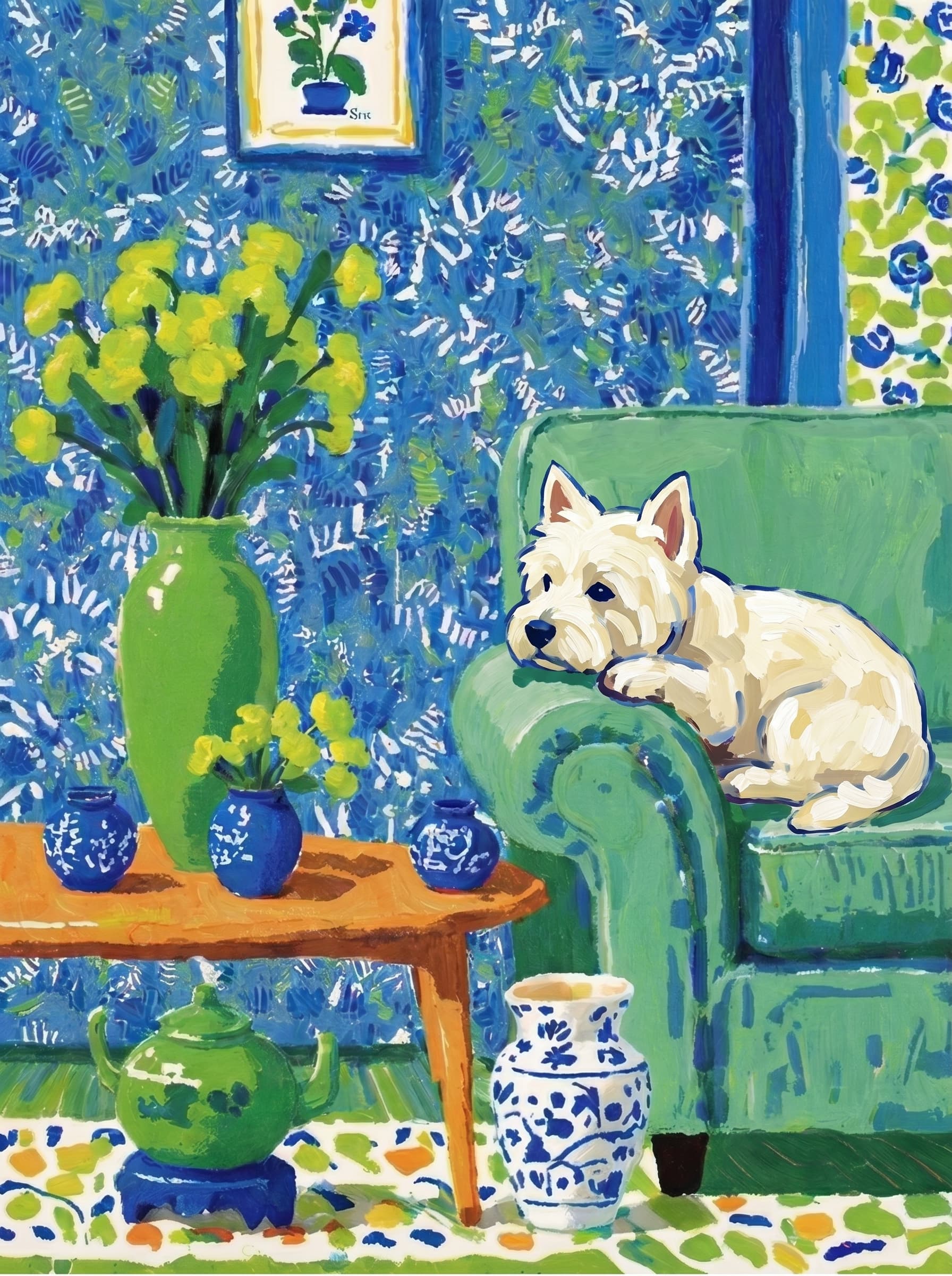 A pet lazy lying on the couch, with head tilt on the edge of couch, eye looking at the the vase. Art Style: Paint in Fauvism, post-impressionism style. Use simplified shapes, exaggerates color, and flattens perspective to create charm and personality.
Use saturated, non-naturalistic colors and flattened perspective reminiscent of Henri Matisse.
The brushwork is loose, visible, and painterly, with uneven strokes that give the surface texture and movement.
Paint with large areas of flat color patches, simplified shapes, bold decorative outlines, and minimal blending.
The composition is flattened and slightly distorted, with compressed perspective.
The painting is expressive, utilizing thick, confident strokes and quick, rhythmic marks that prioritize texture and visual energy over realistic blending or depth.