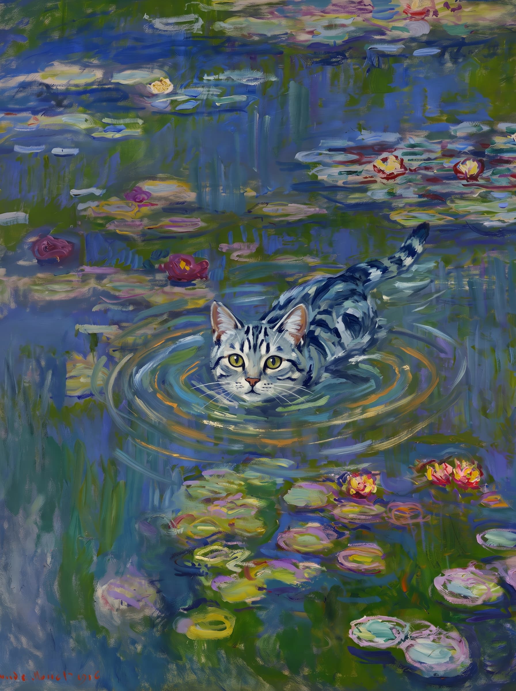 The pet should appear naturally integrated into the middle of the pond, swimming calmly through the water with only its head, upper neck, and a subtle suggestion of its back visible above the surface.
The pet should be facing forward and looking directly at the viewer. Its wet fur should be suggested through painterly strokes.
Blend the pet into the scene using Monet-like impressionist oil painting techniques: visible layered brushstrokes, soft broken color, blue-green reflections, violet shadows, golden-orange highlights, and shimmering ripples around the pet.
The water should partially obscure the pet’s body, with delicate circular ripples spreading outward. Nearby lily pads and water lilies should remain undisturbed but subtly interact with the ripples.
The pet must feel like it was originally painted into the artwork, not pasted on top. Match the atmospheric softness, painterly texture, scale, perspective, and color harmony of the original Water Lilies painting.
Avoid photorealism, sharp outlines, modern digital effects, or excessive detail. The final image should look like a whimsical impressionist oil painting in the spirit of late Monet, with the pet quietly swimming among the lily pads at the center of the pond.
Art Style: Paint in Fauvism, post-impressionism style. Use simplified shapes, exaggerates color, and flattens perspective to create charm and personality.
Use saturated, non-naturalistic colors and flattened perspective reminiscent of Henri Matisse.
The brushwork is loose, visible, and painterly, with uneven strokes that give the surface texture and movement.
Paint with large areas of flat color patches, simplified shapes, bold decorative outlines, and minimal blending.
The composition is flattened and slightly distorted, with compressed perspective.
The painting is expressive, utilizing thick, confident strokes and quick, rhythmic marks that prioritize texture and visual energy over realistic blending or depth.