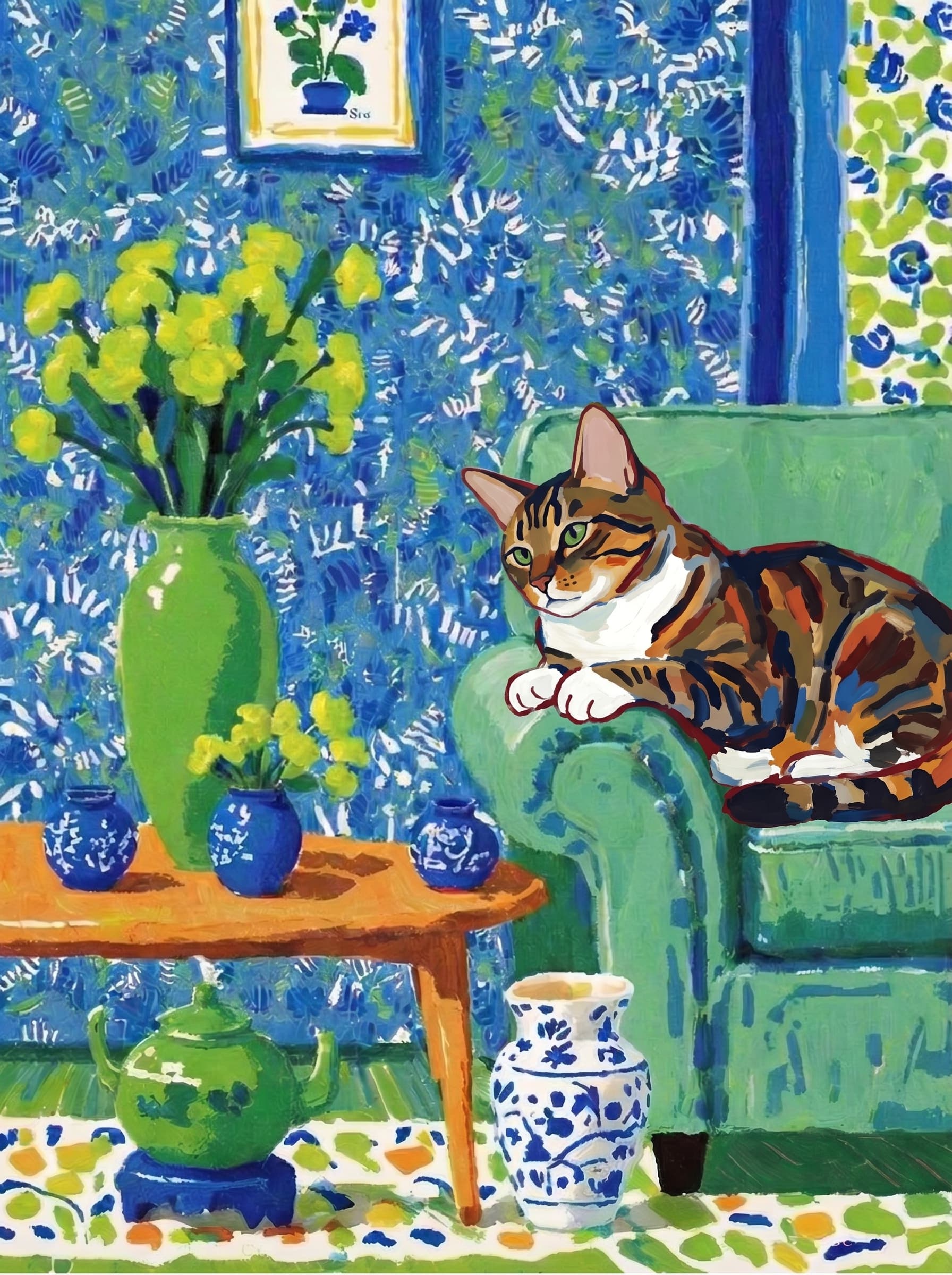 A pet lazy lying on the couch, with head tilt on the edge of couch, eye looking at the the vase. Art Style: Paint in Fauvism, post-impressionism style. Use simplified shapes, exaggerates color, and flattens perspective to create charm and personality.
Use saturated, non-naturalistic colors and flattened perspective reminiscent of Henri Matisse.
The brushwork is loose, visible, and painterly, with uneven strokes that give the surface texture and movement.
Paint with large areas of flat color patches, simplified shapes, bold decorative outlines, and minimal blending.
The composition is flattened and slightly distorted, with compressed perspective.
The painting is expressive, utilizing thick, confident strokes and quick, rhythmic marks that prioritize texture and visual energy over realistic blending or depth.