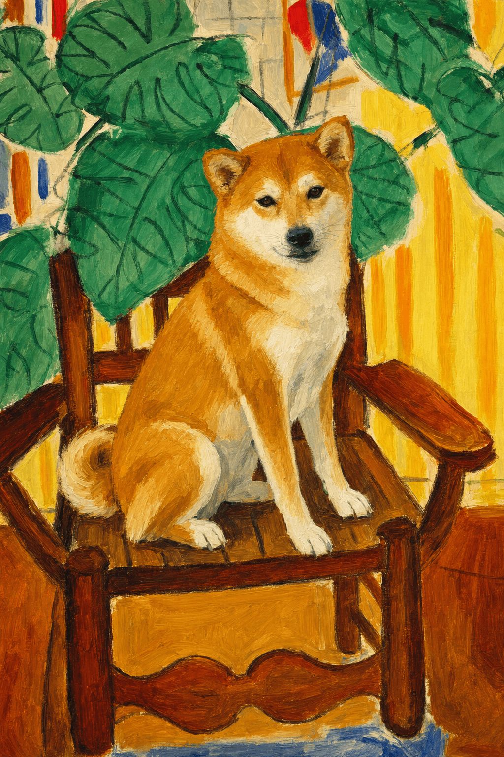A pet sitting on a brown chair, looking at the viewer. Colors are applied with minimal blending, creating a flat, illustrative feel. The brushwork is broad, rapid, and direct. Strokes are loose, visible, applied thinly, defining the forms quickly without building up significant physical texture or impasto on the surface.