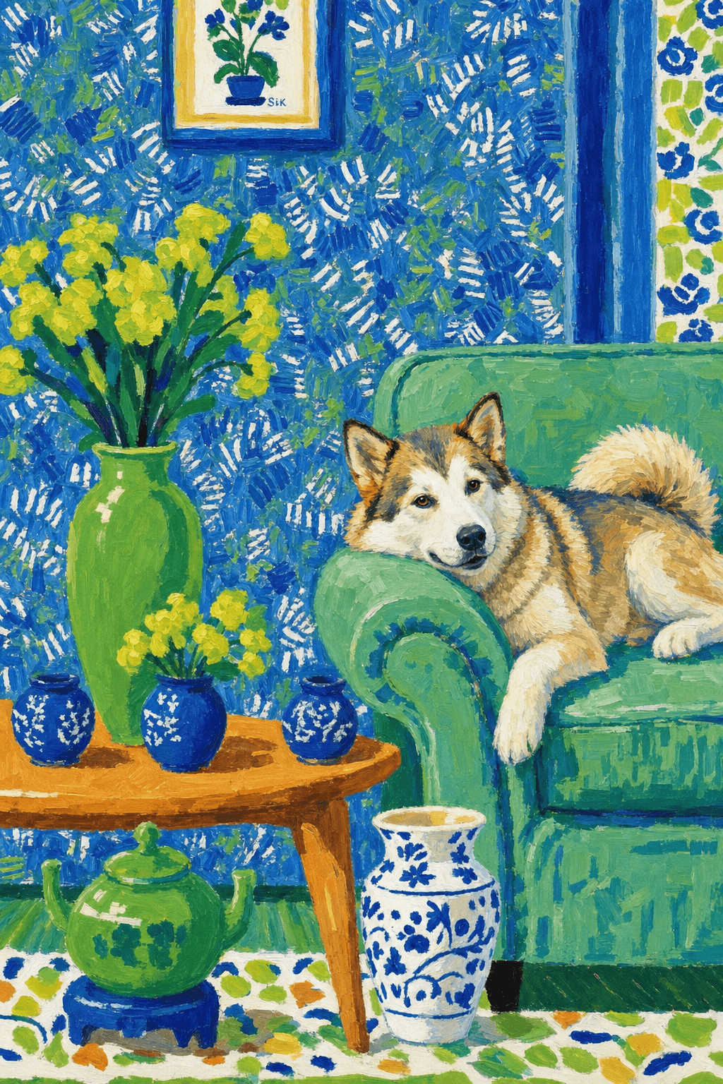 A pet lazy lying on the couch, with head tilt on the edge of couch, eye looking at the the vase. paint in post-impressionism style. Use saturated, non-naturalistic colors and flattened perspective reminiscent of Henri Matisse. painterly and expressive, utilizing thick, confident strokes and quick, rhythmic marks that prioritize texture and visual energy over realistic blending or depth.