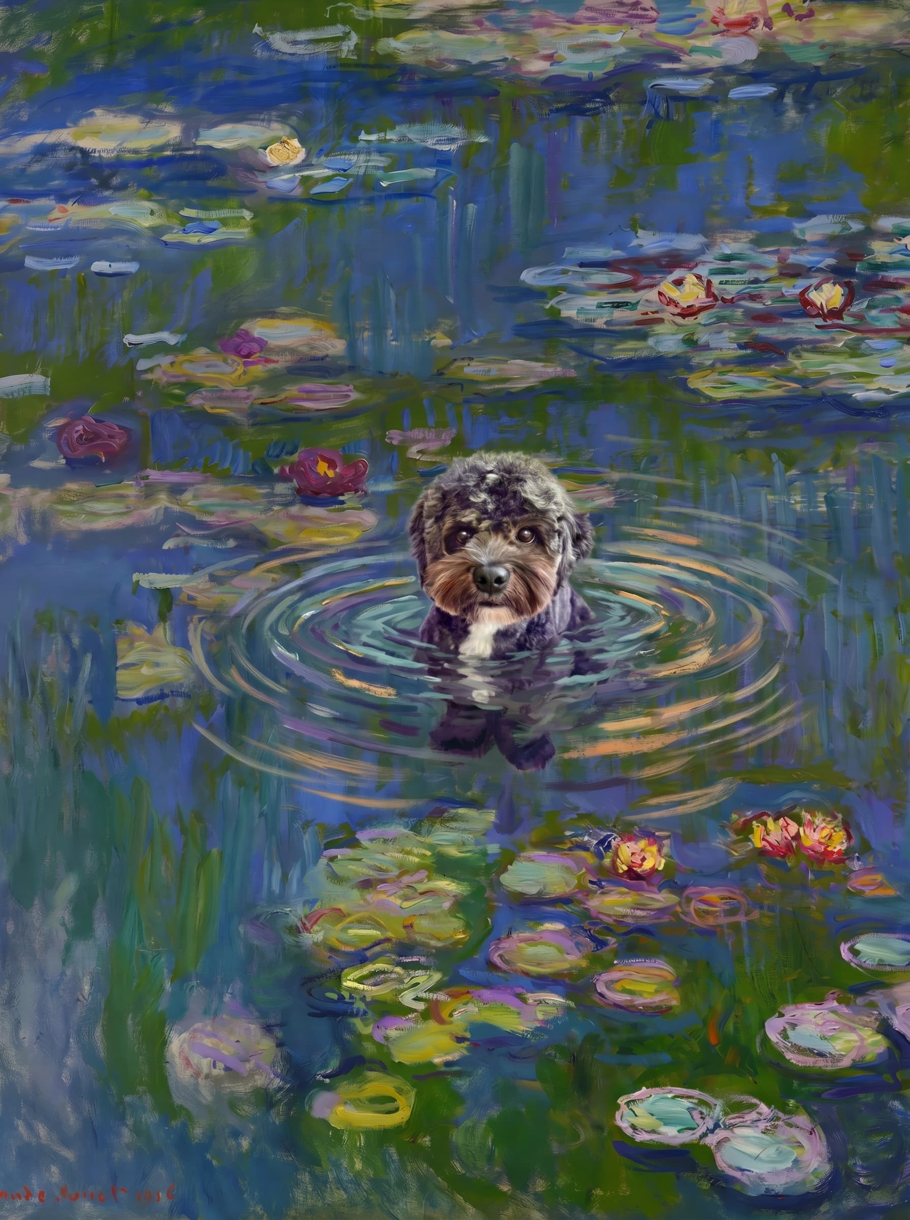 The pet should appear naturally integrated into the middle of the pond, swimming calmly through the water with only its head, upper neck, and a subtle suggestion of its back visible above the surface.
      The pet should be facing forward and looking directly at the viewer. Its wet fur should be suggested through painterly strokes.
      Blend the pet into the scene using Monet-like impressionist oil painting techniques: visible layered brushstrokes, soft broken color, blue-green reflections, violet shadows, golden-orange highlights, and shimmering ripples around the pet. 
      The water should partially obscure the pet’s body, with delicate circular ripples spreading outward. Nearby lily pads and water lilies should remain undisturbed but subtly interact with the ripples.
      The pet must feel like it was originally painted into the artwork, not pasted on top. Match the atmospheric softness, painterly texture, scale, perspective, and color harmony of the original Water Lilies painting. 
      Avoid photorealism, sharp outlines, modern digital effects, or excessive detail. The final image should look like a whimsical impressionist oil painting in the spirit of late Monet, with the pet quietly swimming among the lily pads at the center of the pond.
      Art Style: Paint in Fauvism, post-impressionism style. Use simplified shapes, exaggerates color, and flattens perspective to create charm and personality.
Use saturated, non-naturalistic colors and flattened perspective reminiscent of Henri Matisse.
The brushwork is loose, visible, and painterly, with uneven strokes that give the surface texture and movement.
Paint with large areas of flat color patches, simplified shapes, bold decorative outlines, and minimal blending.
The composition is flattened and slightly distorted, with compressed perspective.
The painting is expressive, utilizing thick, confident strokes and quick, rhythmic marks that prioritize texture and visual energy over realistic blending or depth.