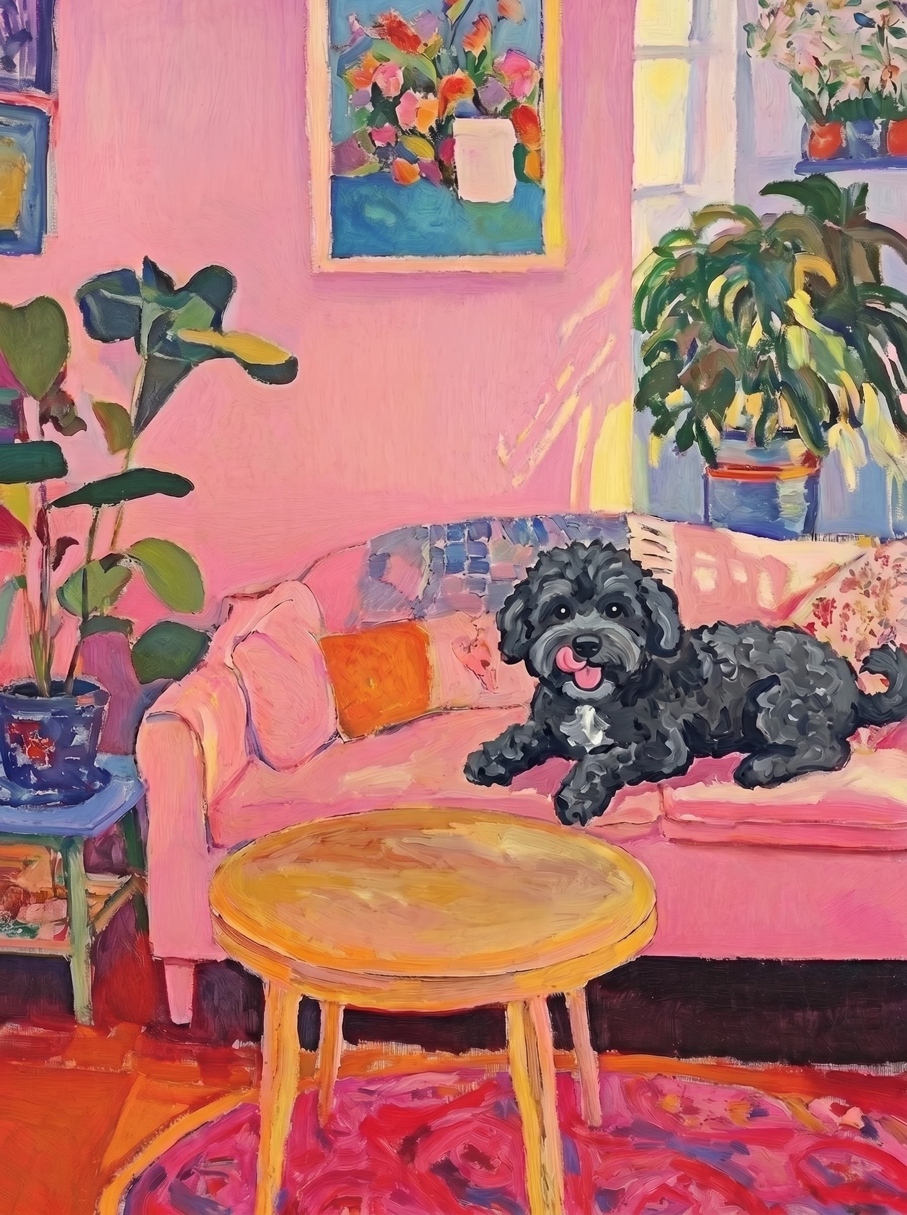 The painting shows a cozy, colorful interior with a warm pink wall and a large pink sofa in the foreground.
      The pet is resting lazily on a bright pink velvet sofa. The pet’s looked completely relaxed and content.
      The overall mood is cheerful and intimate, with bold outlines, visible brushstrokes, and slightly simplified forms.
      Art Style: Paint in Fauvism, post-impressionism style. Use simplified shapes, exaggerates color, and flattens perspective to create charm and personality.
Use saturated, non-naturalistic colors and flattened perspective reminiscent of Henri Matisse.
The brushwork is loose, visible, and painterly, with uneven strokes that give the surface texture and movement.
Paint with large areas of flat color patches, simplified shapes, bold decorative outlines, and minimal blending.
The composition is flattened and slightly distorted, with compressed perspective.
The painting is expressive, utilizing thick, confident strokes and quick, rhythmic marks that prioritize texture and visual energy over realistic blending or depth.