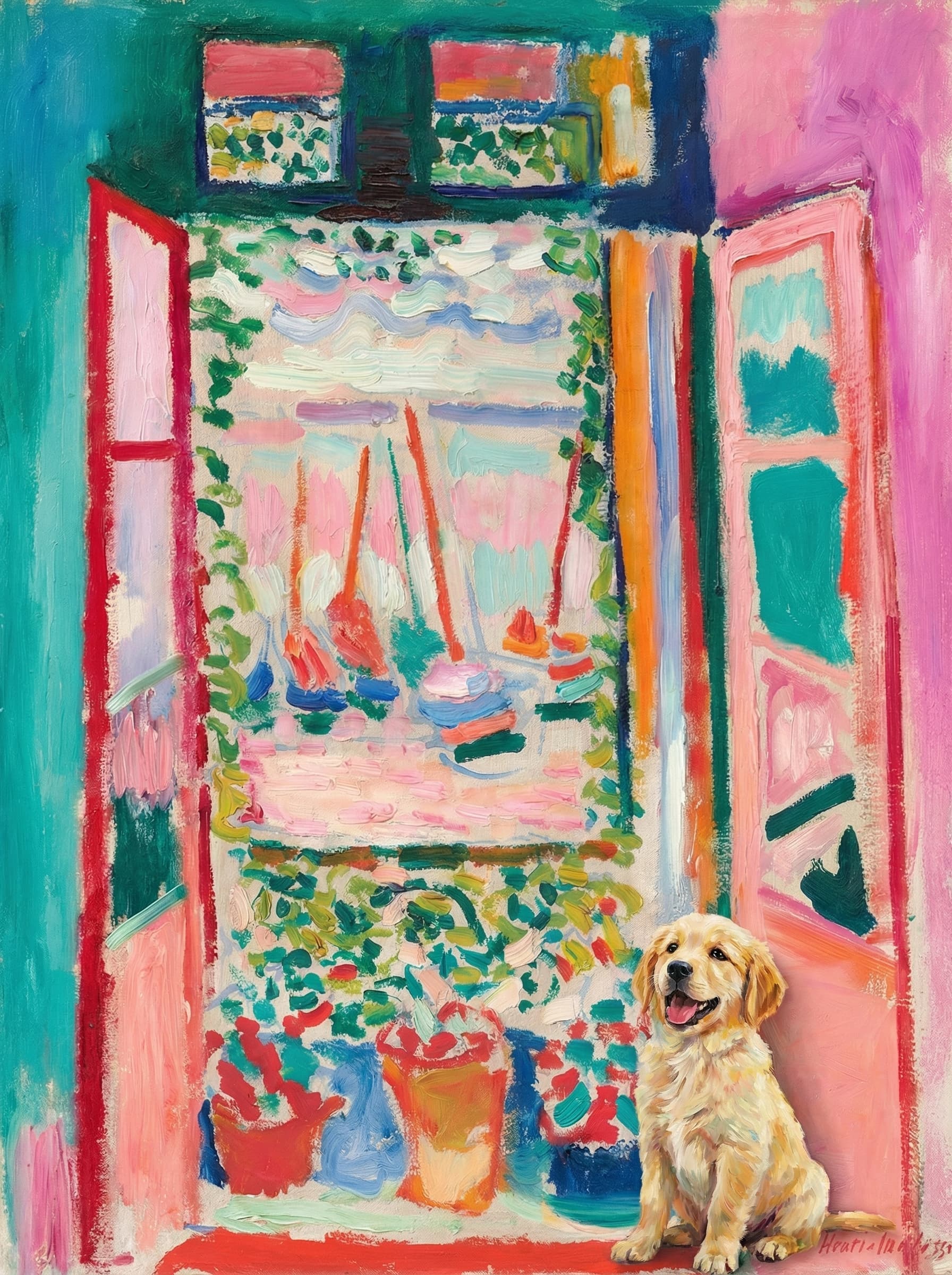 A pet sitting on the right bottom frame of an open door, with its back to the opening while facing the room, looking at the viewer, slight leaning on the right-side door panel. Paint in post-impressionism style. Use loosely painted, vibrantly colored, stylized, vertical painting.