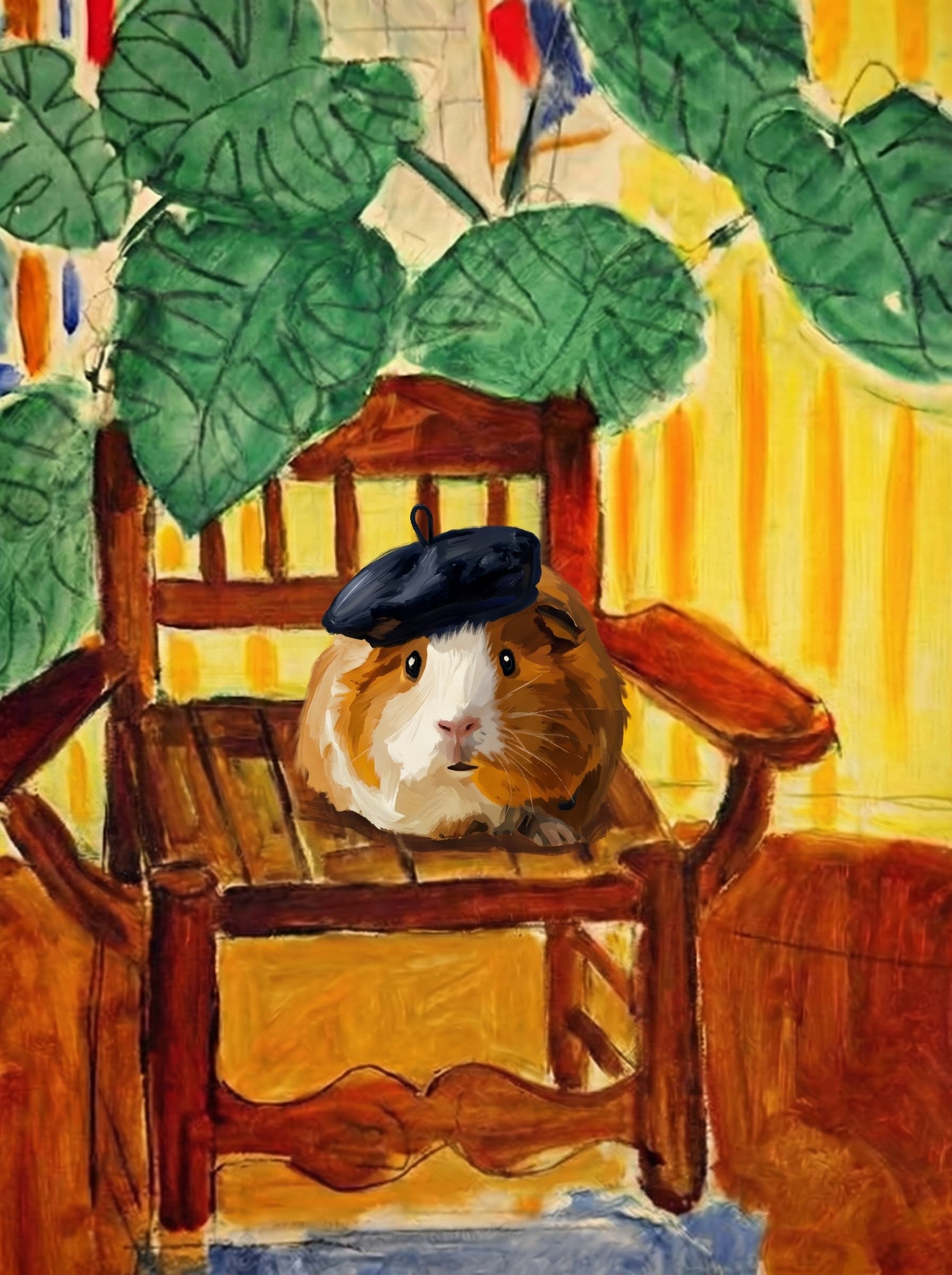A pet sitting on a brown chair, looking at the viewer. Art Style: Paint in Fauvism, post-impressionism style. Use simplified shapes, exaggerates color, and flattens perspective to create charm and personality.
Use saturated, non-naturalistic colors and flattened perspective reminiscent of Henri Matisse.
The brushwork is loose, visible, and painterly, with uneven strokes that give the surface texture and movement.
Paint with large areas of flat color patches, simplified shapes, bold decorative outlines, and minimal blending.
The composition is flattened and slightly distorted, with compressed perspective.
The painting is expressive, utilizing thick, confident strokes and quick, rhythmic marks that prioritize texture and visual energy over realistic blending or depth.