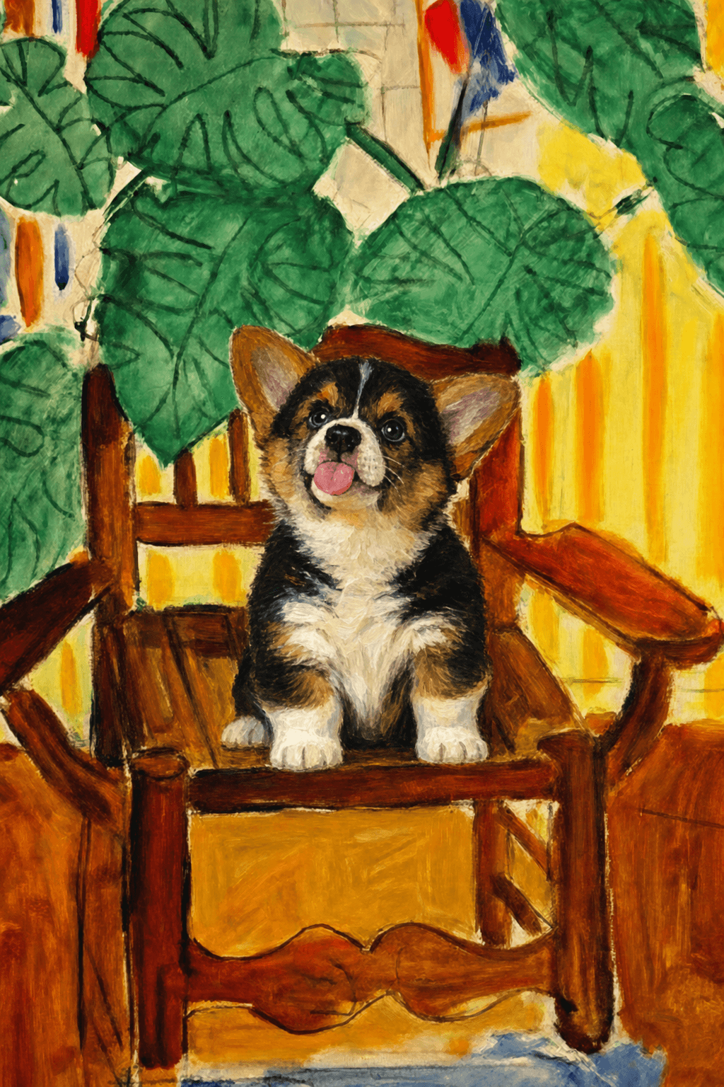 A pet sitting on a brown chair, looking at the viewer. Colors are applied with minimal blending, creating a flat, illustrative feel. The brushwork is broad, rapid, and direct. Strokes are loose, visible, applied thinly, defining the forms quickly without building up significant physical texture or impasto on the surface.