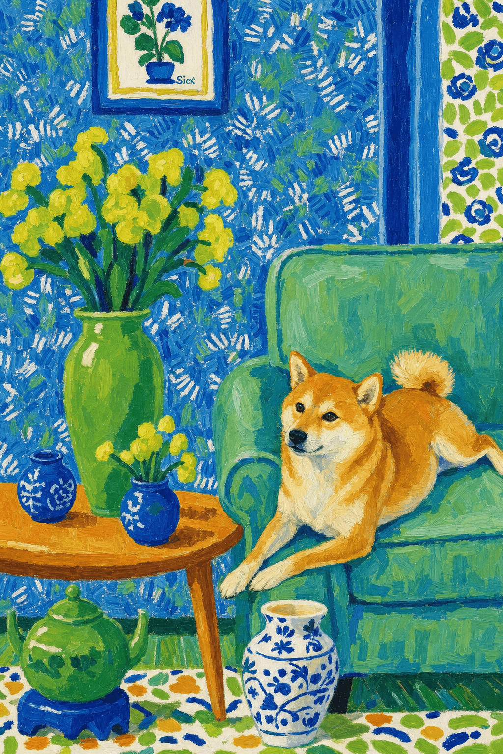 A pet lazy lying on the couch, with head tilt on the edge of couch, eye looking at the the vase. paint in post-impressionism style. Use saturated, non-naturalistic colors and flattened perspective reminiscent of Henri Matisse. painterly and expressive, utilizing thick, confident strokes and quick, rhythmic marks that prioritize texture and visual energy over realistic blending or depth.