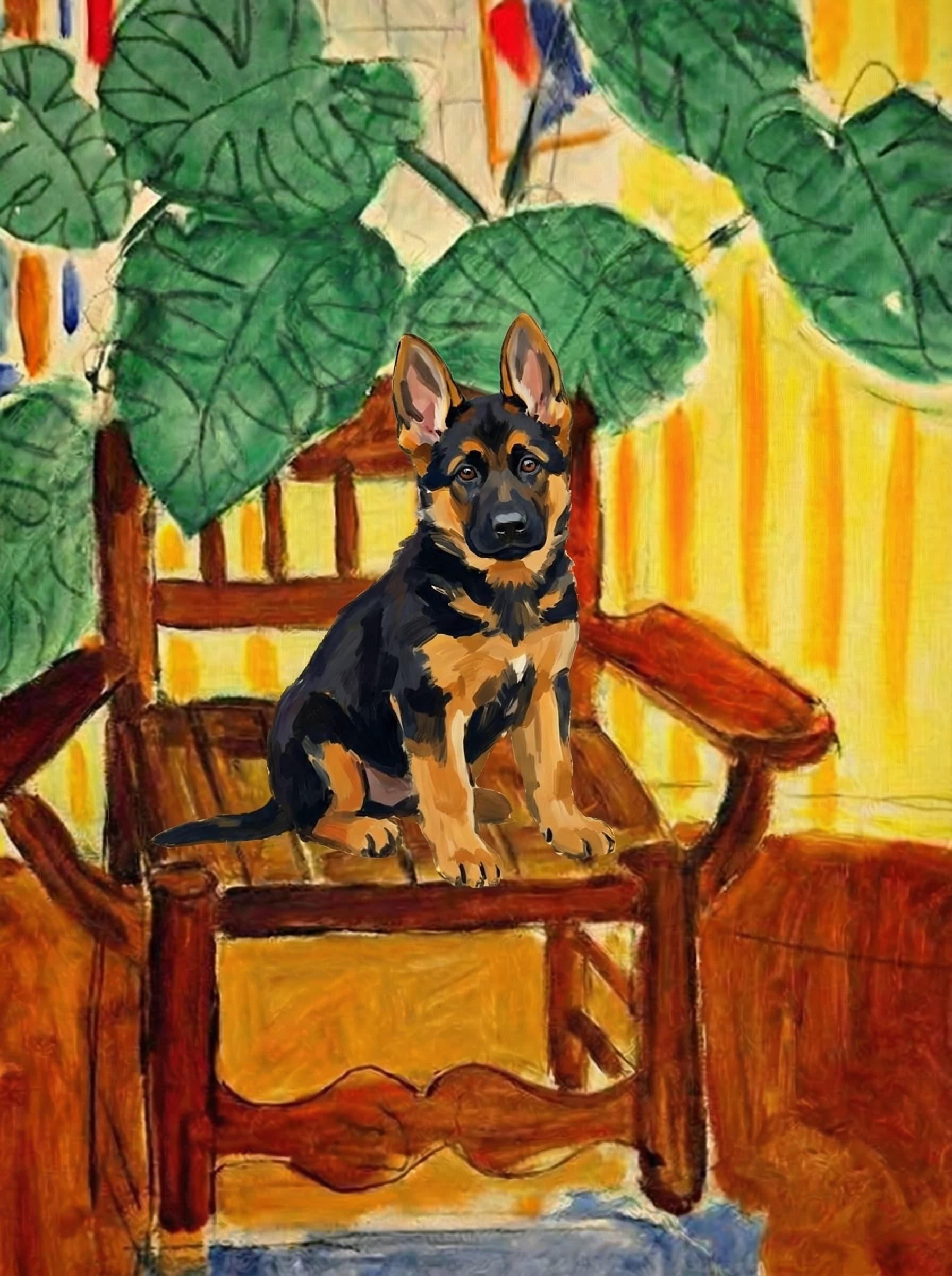 A pet sitting on a brown chair, looking at the viewer. Colors are applied with minimal blending, creating a flat, illustrative feel. The brushwork is broad, rapid, and direct. Strokes are loose, visible, applied thinly, defining the forms quickly without building up significant physical texture or impasto on the surface.