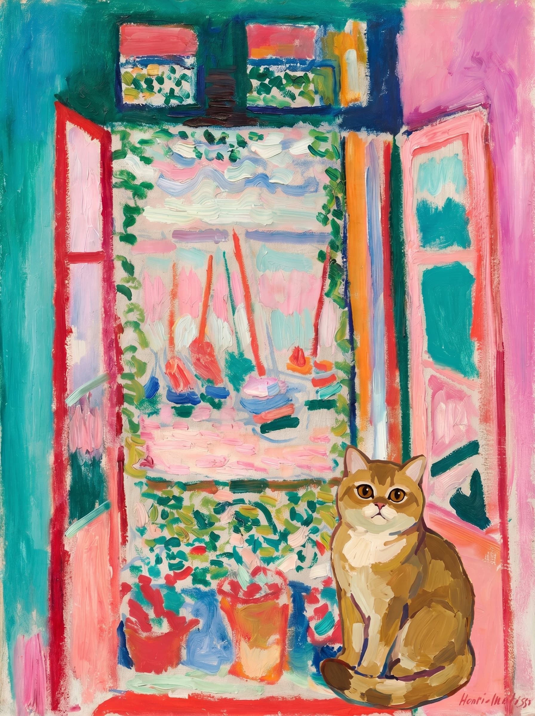 A pet sitting on the right bottom frame of an open door, with its back to the opening while facing the room, looking at the viewer, slight leaning on the right-side door panel. Art Style: Paint in Fauvism, post-impressionism style. Use simplified shapes, exaggerates color, and flattens perspective to create charm and personality.
Use saturated, non-naturalistic colors and flattened perspective reminiscent of Henri Matisse.
The brushwork is loose, visible, and painterly, with uneven strokes that give the surface texture and movement.
Paint with large areas of flat color patches, simplified shapes, bold decorative outlines, and minimal blending.
The composition is flattened and slightly distorted, with compressed perspective.
The painting is expressive, utilizing thick, confident strokes and quick, rhythmic marks that prioritize texture and visual energy over realistic blending or depth.