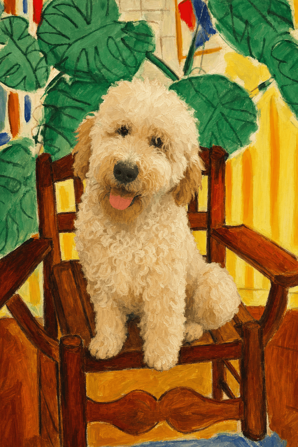 A pet sitting on a brown chair, looking at the viewer. Colors are applied with minimal blending, creating a flat, illustrative feel. The brushwork is broad, rapid, and direct. Strokes are loose, visible, applied thinly, defining the forms quickly without building up significant physical texture or impasto on the surface.