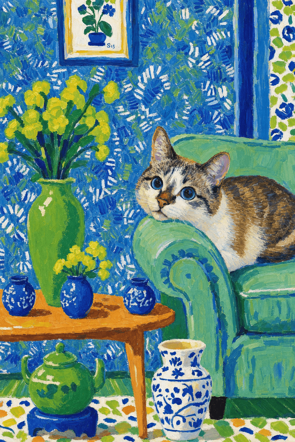 A pet lazy lying on the couch, with head tilt on the edge of couch, eye looking at the the vase. paint in post-impressionism style. Use saturated, non-naturalistic colors and flattened perspective reminiscent of Henri Matisse. painterly and expressive, utilizing thick, confident strokes and quick, rhythmic marks that prioritize texture and visual energy over realistic blending or depth.