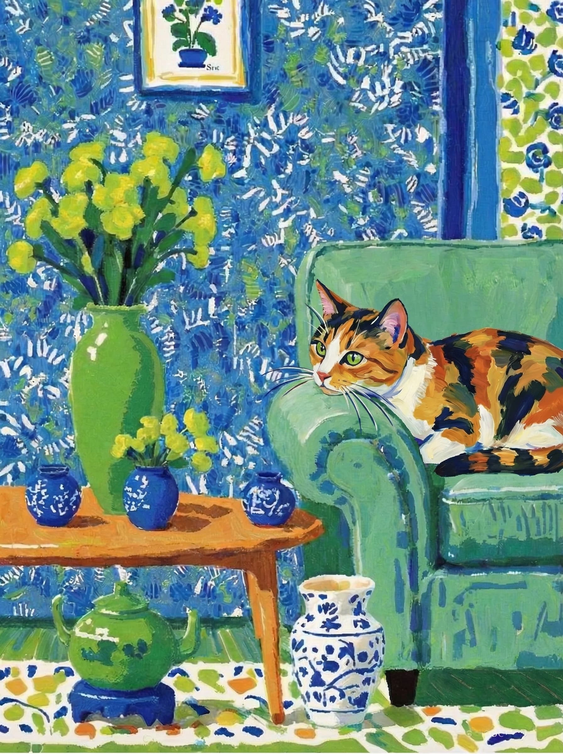 A pet lazy lying on the couch, with head tilt on the edge of couch, eye looking at the the vase. paint in post-impressionism style. Use saturated, non-naturalistic colors and flattened perspective reminiscent of Henri Matisse. painterly and expressive, utilizing thick, confident strokes and quick, rhythmic marks that prioritize texture and visual energy over realistic blending or depth.