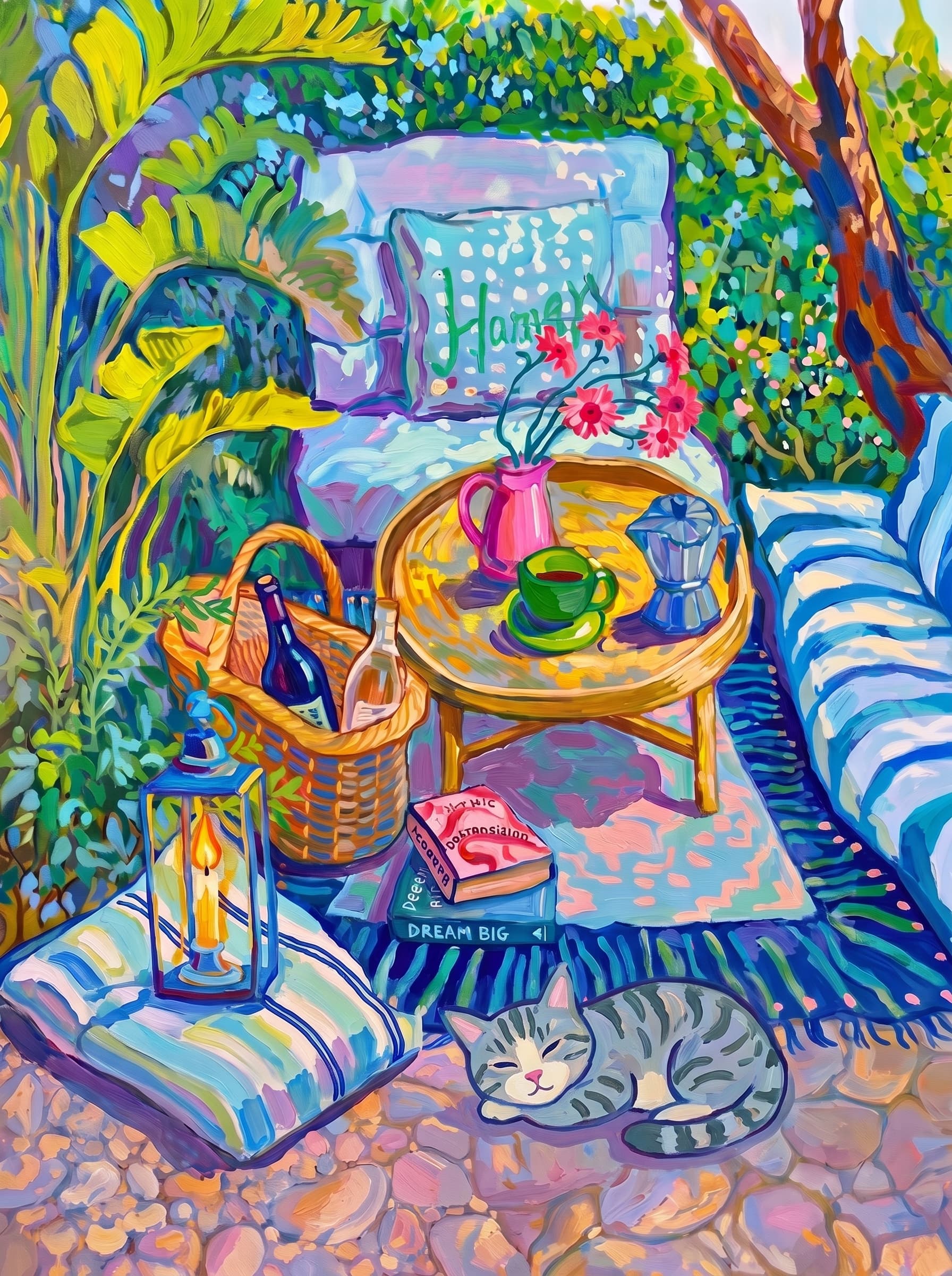 a cozy garden patio filled with lush tropical greenery, blue-and-white striped cushions, a round rattan table, picnic basket, lantern, books, flowers.
The pet is lazily resting in the foreground, almost fall asleep with a relaxed and content expression.
The composition feels intimate and inviting, with foliage and a tree trunk framing the scene, the circular table anchoring the center, and expressive brushwork plus dappled light creating a lively, relaxed outdoor atmosphere.
Art Style: Paint in Fauvism, post-impressionism style. Use simplified shapes, exaggerates color, and flattens perspective to create charm and personality.
Use saturated, non-naturalistic colors and flattened perspective reminiscent of Henri Matisse.
The brushwork is loose, visible, and painterly, with uneven strokes that give the surface texture and movement.
Paint with large areas of flat color patches, simplified shapes, bold decorative outlines, and minimal blending.
The composition is flattened and slightly distorted, with compressed perspective.
The painting is expressive, utilizing thick, confident strokes and quick, rhythmic marks that prioritize texture and visual energy over realistic blending or depth.
