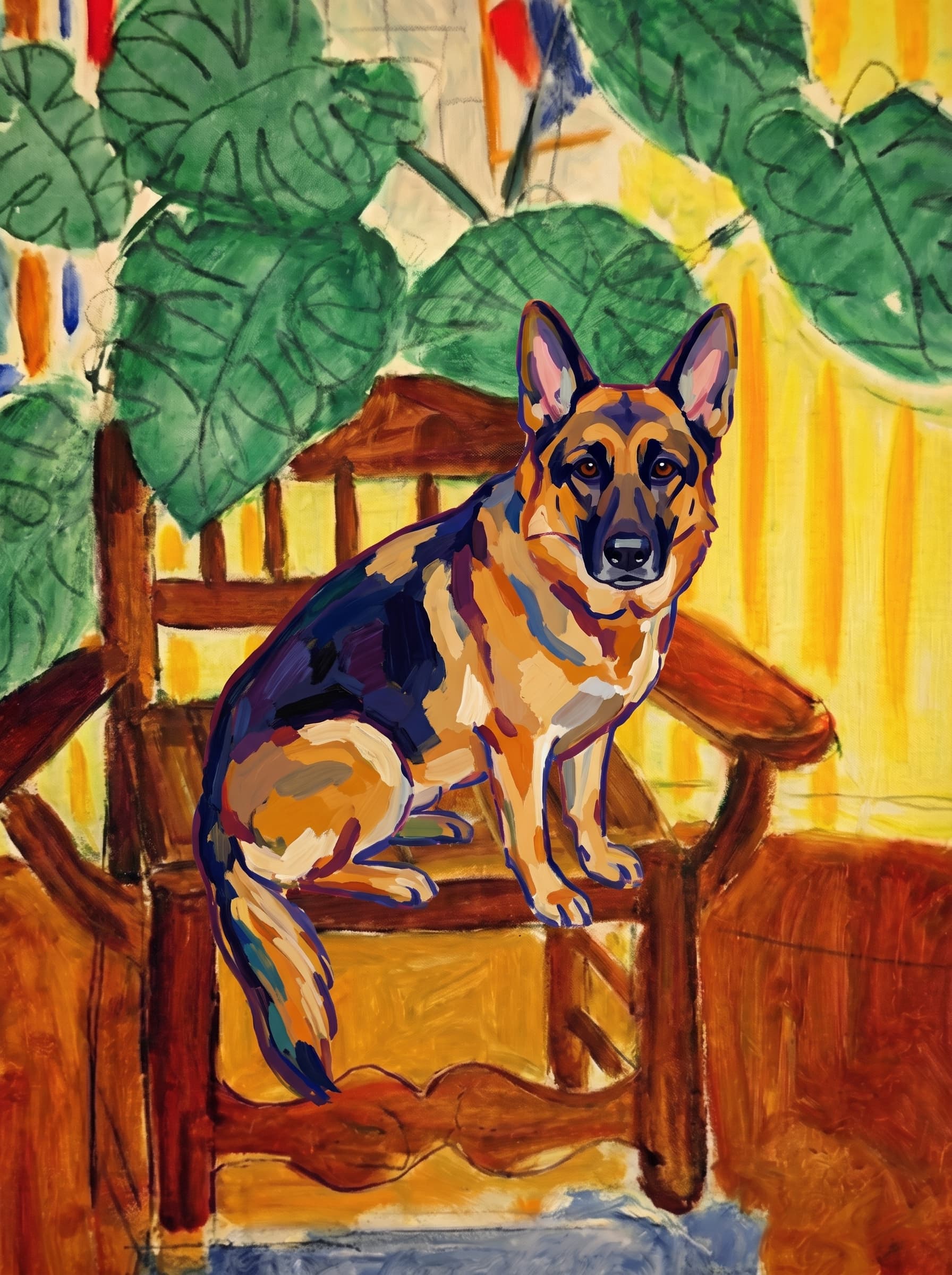 A pet sitting on a brown chair, looking at the viewer. Art Style: Paint in Fauvism, post-impressionism style. Use simplified shapes, exaggerates color, and flattens perspective to create charm and personality.
Use saturated, non-naturalistic colors and flattened perspective reminiscent of Henri Matisse.
The brushwork is loose, visible, and painterly, with uneven strokes that give the surface texture and movement.
Paint with large areas of flat color patches, simplified shapes, bold decorative outlines, and minimal blending.
The composition is flattened and slightly distorted, with compressed perspective.
The painting is expressive, utilizing thick, confident strokes and quick, rhythmic marks that prioritize texture and visual energy over realistic blending or depth.
