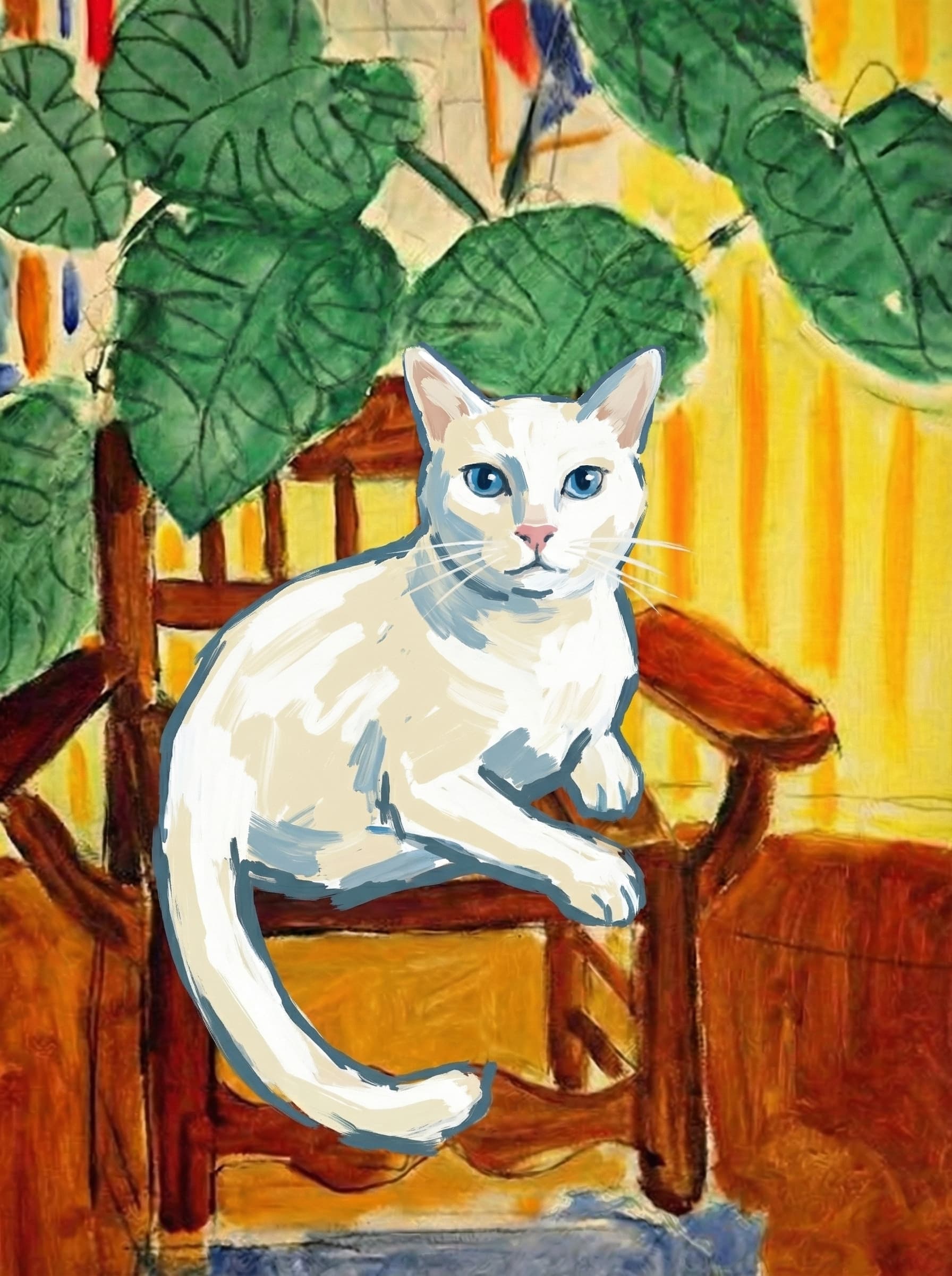 A pet sitting on a brown chair, looking at the viewer. Colors are applied with minimal blending, creating a flat, illustrative feel. The brushwork is broad, rapid, and direct. Strokes are loose, visible, applied thinly, defining the forms quickly without building up significant physical texture or impasto on the surface.