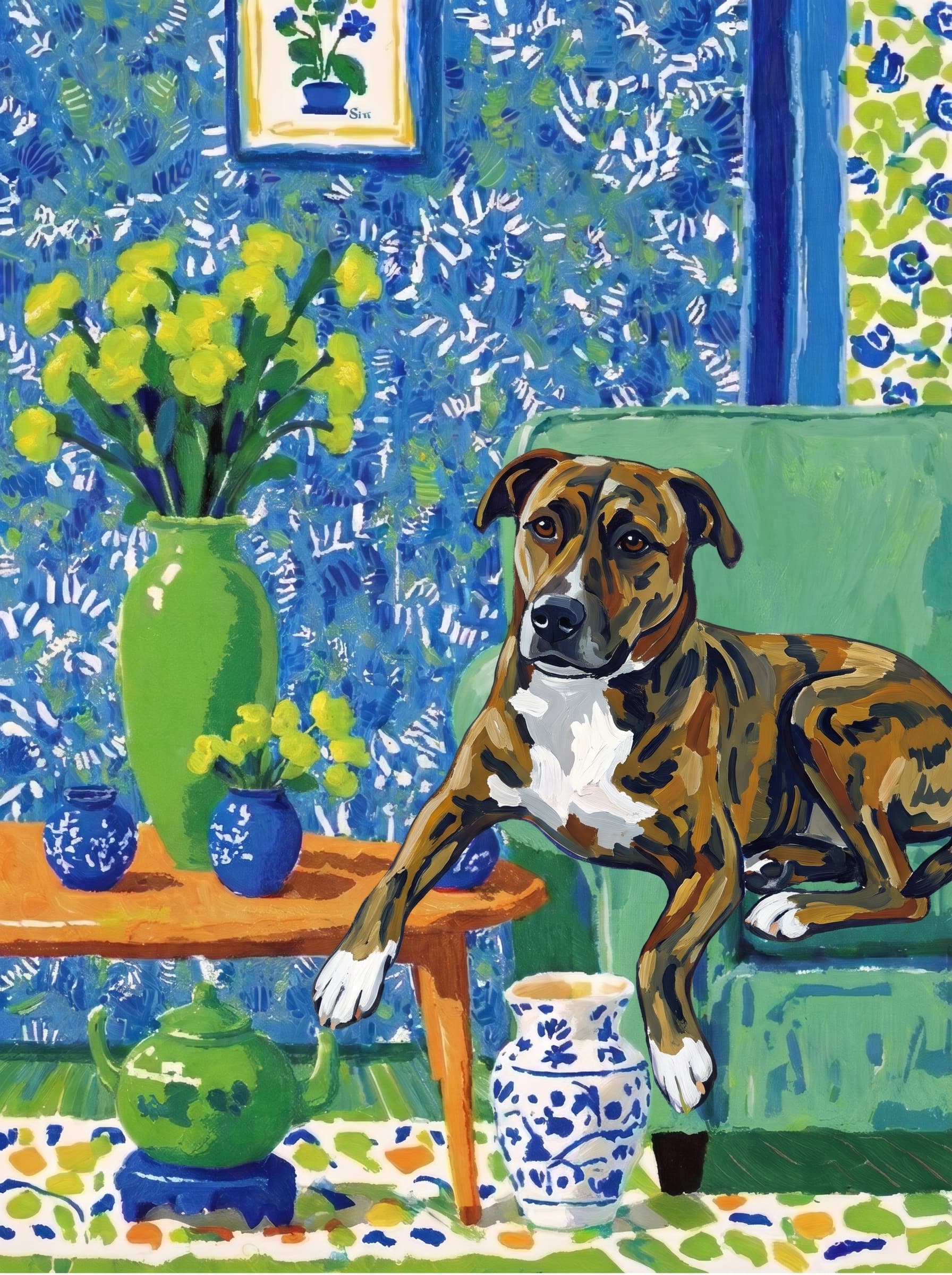 A pet lazy lying on the couch, with head tilt on the edge of couch, eye looking at the the vase. Art Style: Paint in Fauvism, post-impressionism style. Use simplified shapes, exaggerates color, and flattens perspective to create charm and personality.
Use saturated, non-naturalistic colors and flattened perspective reminiscent of Henri Matisse.
The brushwork is loose, visible, and painterly, with uneven strokes that give the surface texture and movement.
Paint with large areas of flat color patches, simplified shapes, bold decorative outlines, and minimal blending.
The composition is flattened and slightly distorted, with compressed perspective.
The painting is expressive, utilizing thick, confident strokes and quick, rhythmic marks that prioritize texture and visual energy over realistic blending or depth.