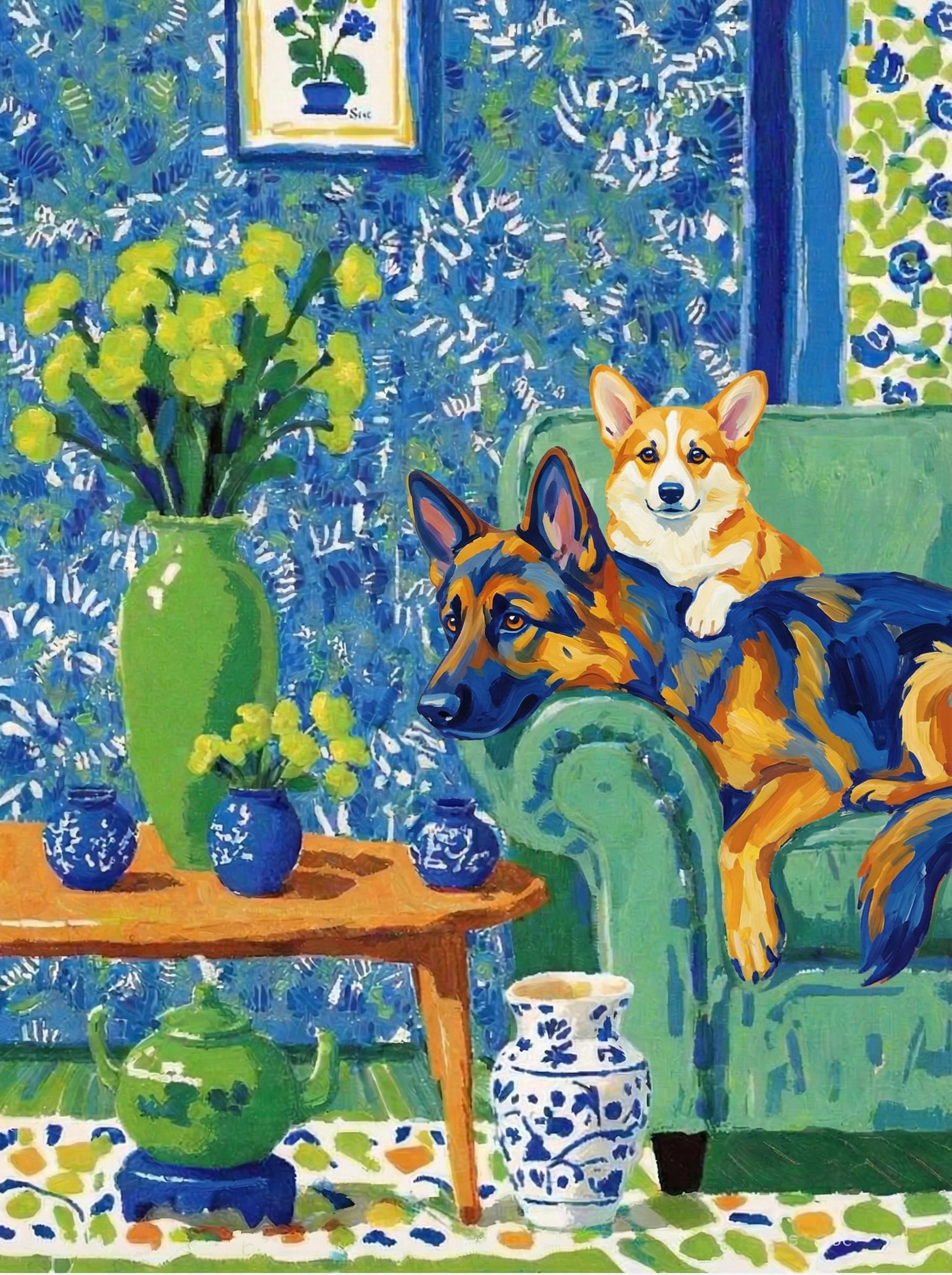 A pet lazy lying on the couch, with head tilt on the edge of couch, eye looking at the the vase. paint in post-impressionism style. Use saturated, non-naturalistic colors and flattened perspective reminiscent of Henri Matisse. painterly and expressive, utilizing thick, confident strokes and quick, rhythmic marks that prioritize texture and visual energy over realistic blending or depth.