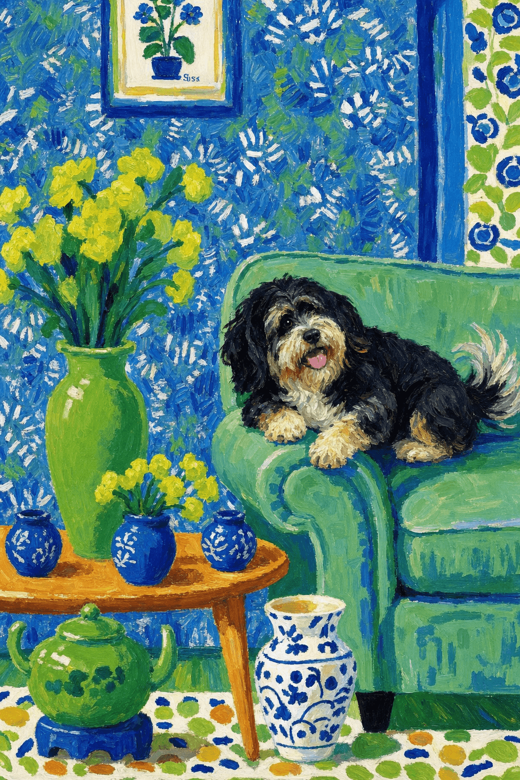 A pet lazy lying on the couch, with head tilt on the edge of couch, eye looking at the the vase. paint in post-impressionism style. Use saturated, non-naturalistic colors and flattened perspective reminiscent of Henri Matisse. painterly and expressive, utilizing thick, confident strokes and quick, rhythmic marks that prioritize texture and visual energy over realistic blending or depth.