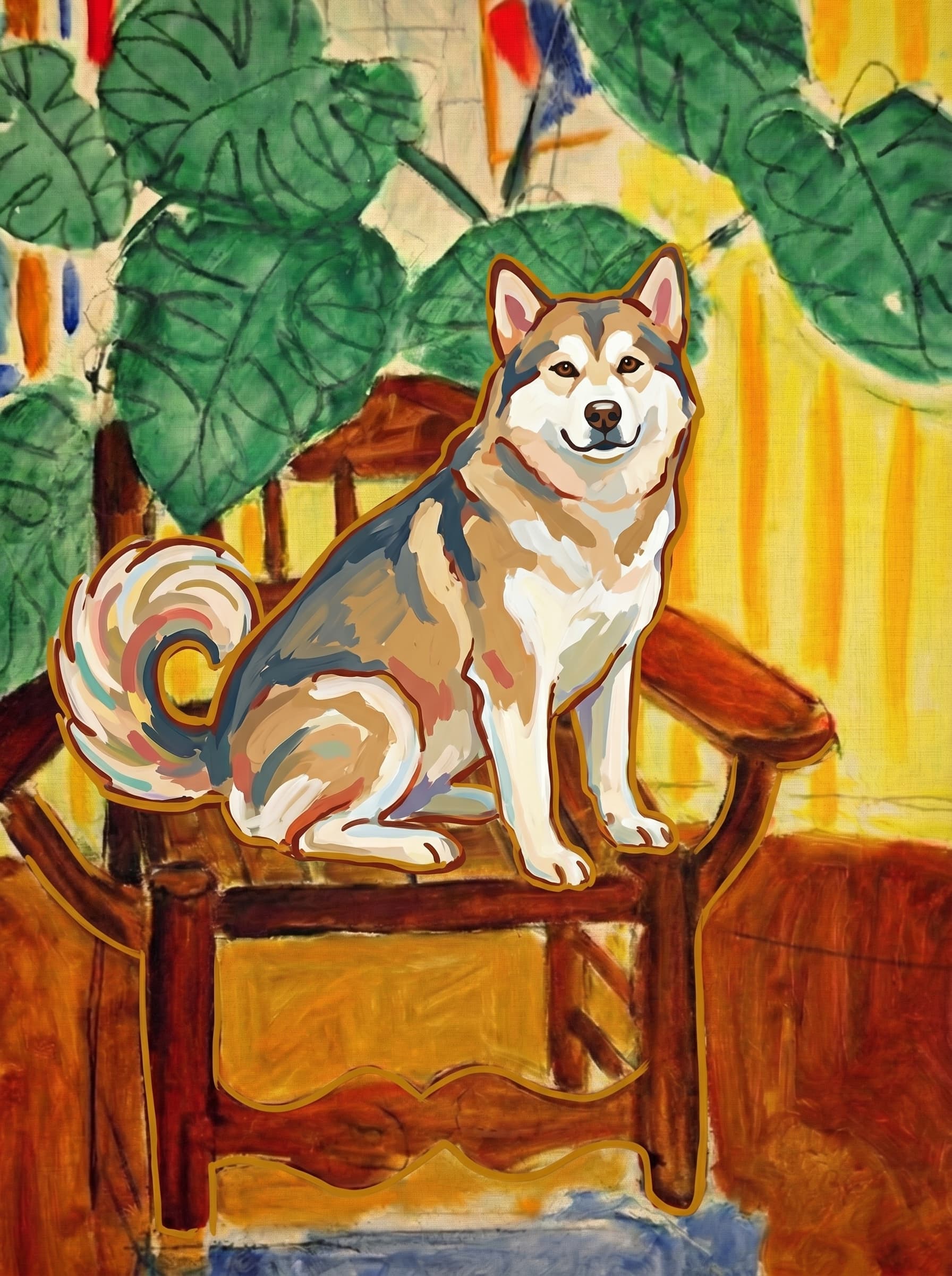 A pet sitting on a brown chair, looking at the viewer. Art Style: Paint in Fauvism, post-impressionism style. Use simplified shapes, exaggerates color, and flattens perspective to create charm and personality.
Use saturated, non-naturalistic colors and flattened perspective reminiscent of Henri Matisse.
The brushwork is loose, visible, and painterly, with uneven strokes that give the surface texture and movement.
Paint with large areas of flat color patches, simplified shapes, bold decorative outlines, and minimal blending.
The composition is flattened and slightly distorted, with compressed perspective.
The painting is expressive, utilizing thick, confident strokes and quick, rhythmic marks that prioritize texture and visual energy over realistic blending or depth.