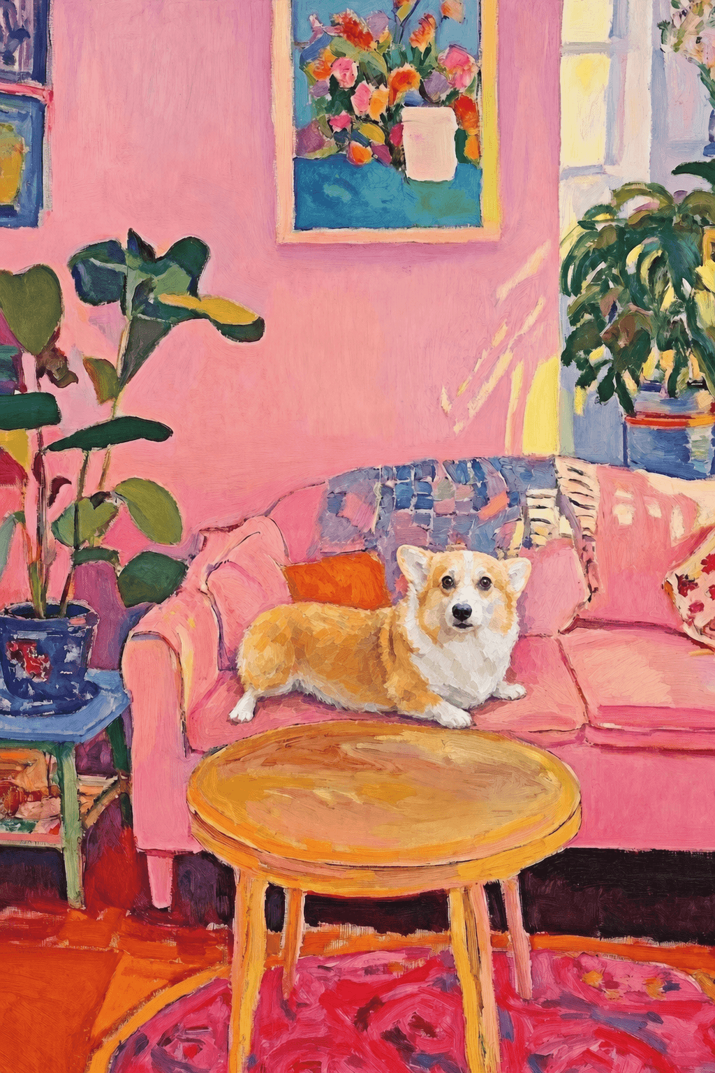 The painting shows a cozy, colorful interior with a warm pink wall and a large pink sofa in the foreground.
The pet is resting lazily on a bright pink velvet sofa. The pet’s looked completely relaxed and content.
The overall mood is cheerful and intimate, with bold outlines, visible brushstrokes, and slightly simplified forms.
Art Style: Paint in Fauvism, post-impressionism style. Use simplified shapes, exaggerates color, and flattens perspective to create charm and personality.
Use saturated, non-naturalistic colors and flattened perspective reminiscent of Henri Matisse.
The brushwork is loose, visible, and painterly, with uneven strokes that give the surface texture and movement.
Paint with large areas of flat color patches, simplified shapes, bold decorative outlines, and minimal blending.
The composition is flattened and slightly distorted, with compressed perspective.
The painting is expressive, utilizing thick, confident strokes and quick, rhythmic marks that prioritize texture and visual energy over realistic blending or depth.