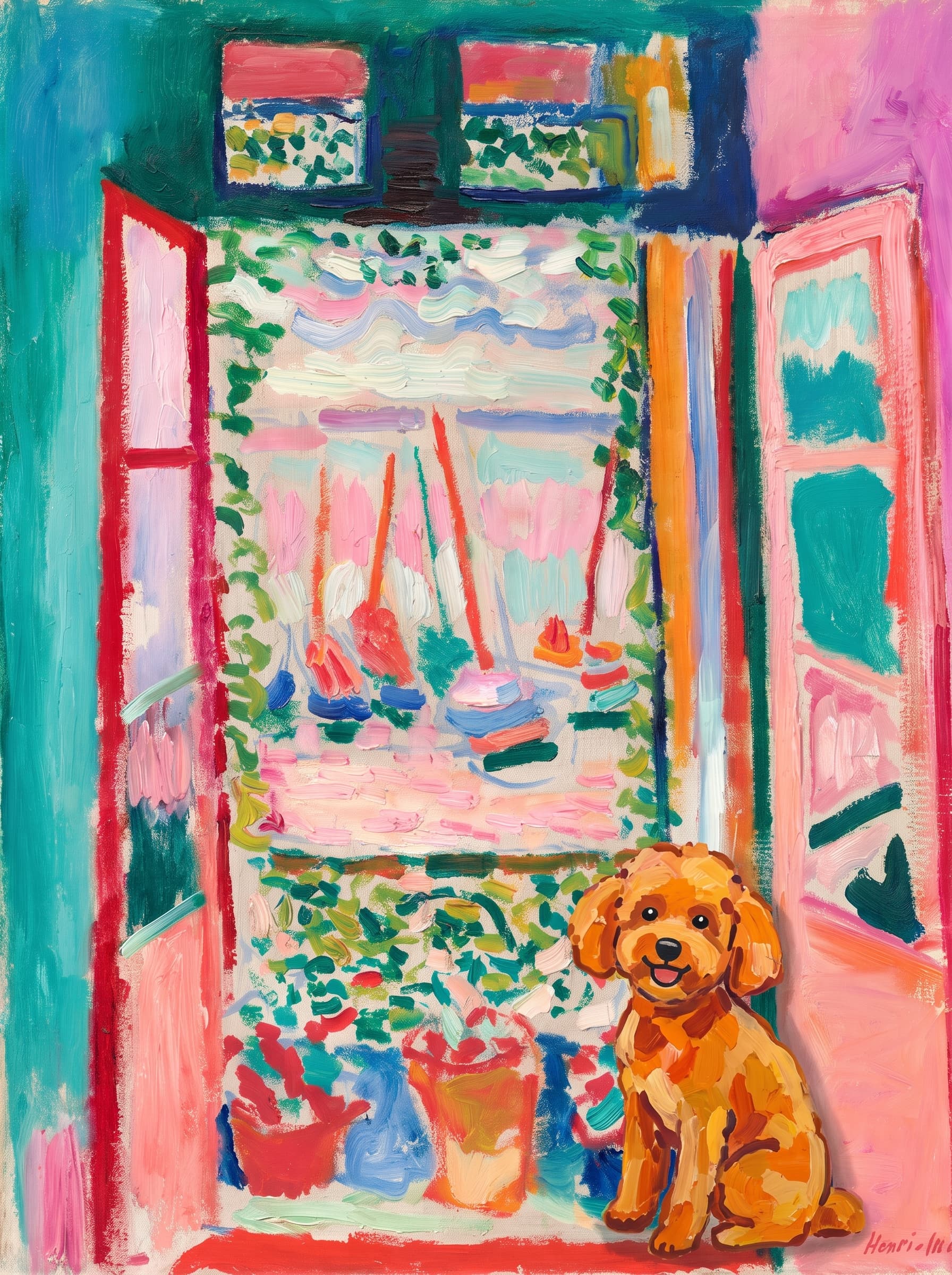 A pet sitting on the right bottom frame of an open door, with its back to the opening while facing the room, looking at the viewer, slight leaning on the right-side door panel. Art Style: Paint in Fauvism, post-impressionism style. Use simplified shapes, exaggerates color, and flattens perspective to create charm and personality.
Use saturated, non-naturalistic colors and flattened perspective reminiscent of Henri Matisse.
The brushwork is loose, visible, and painterly, with uneven strokes that give the surface texture and movement.
Paint with large areas of flat color patches, simplified shapes, bold decorative outlines, and minimal blending.
The composition is flattened and slightly distorted, with compressed perspective.
The painting is expressive, utilizing thick, confident strokes and quick, rhythmic marks that prioritize texture and visual energy over realistic blending or depth.
