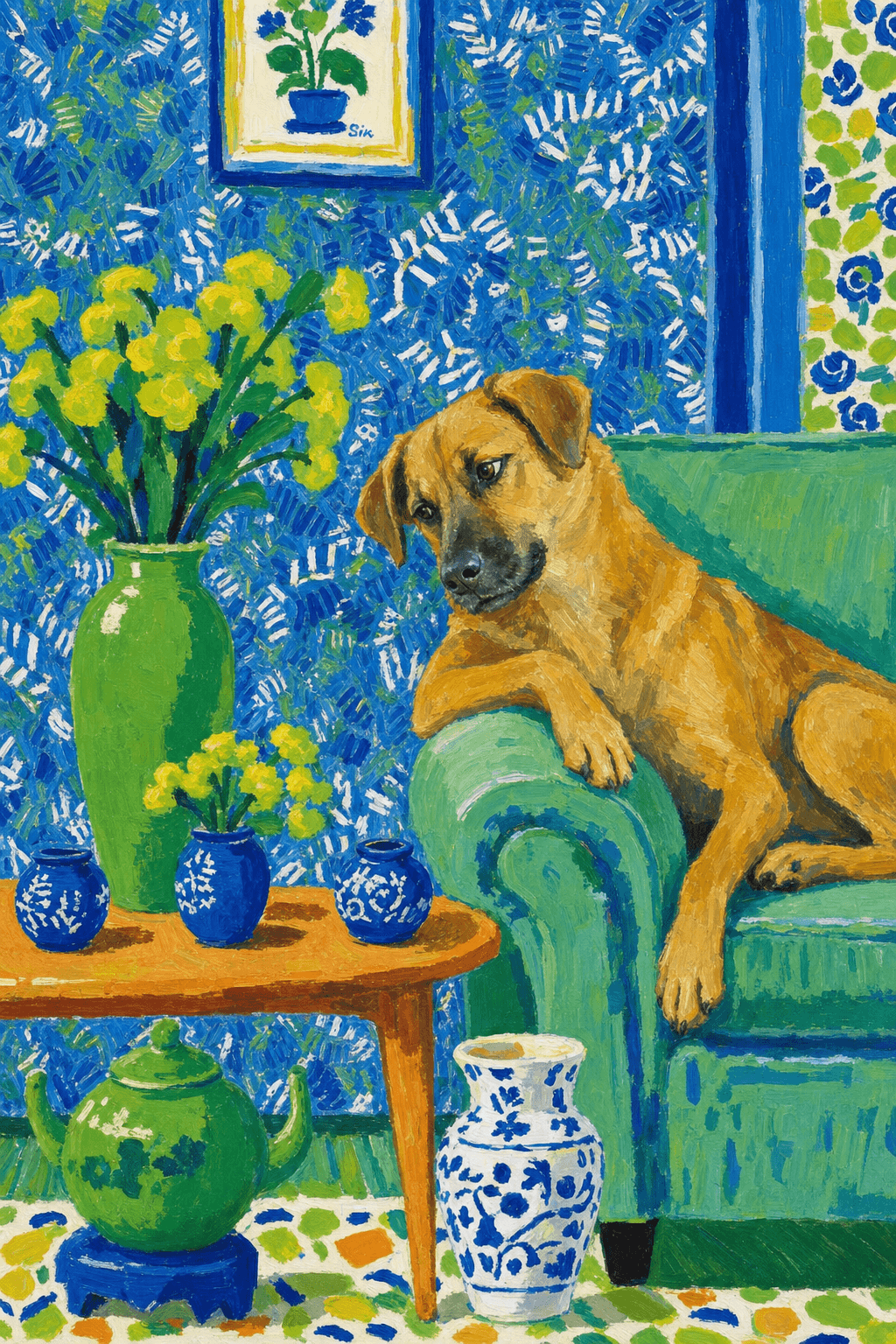 A pet lazy lying on the couch, with head tilt on the edge of couch, eye looking at the the vase. paint in post-impressionism style. Use saturated, non-naturalistic colors and flattened perspective reminiscent of Henri Matisse. painterly and expressive, utilizing thick, confident strokes and quick, rhythmic marks that prioritize texture and visual energy over realistic blending or depth.