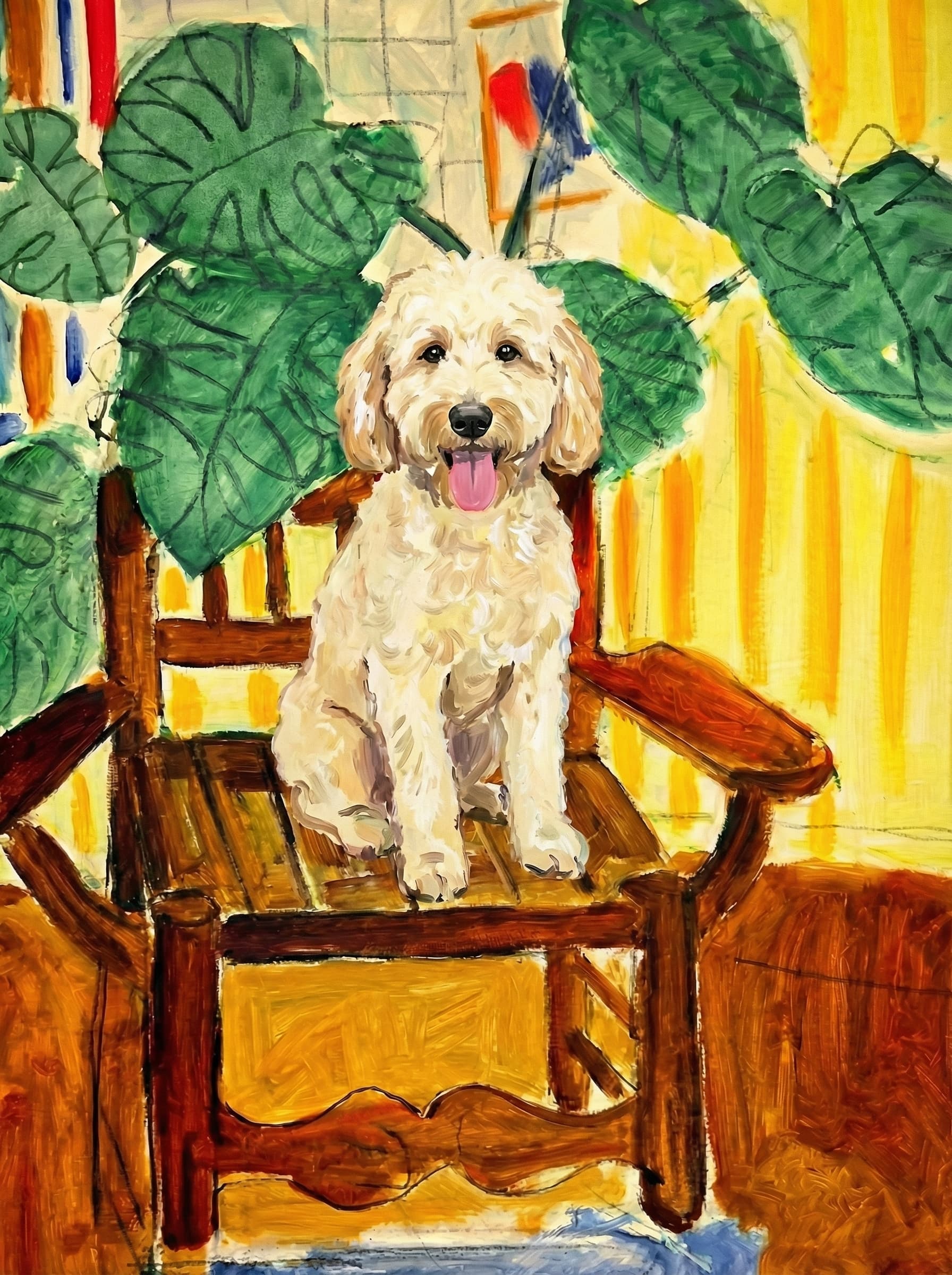 A pet sitting on a brown chair, looking at the viewer. Colors are applied with minimal blending, creating a flat, illustrative feel. The brushwork is broad, rapid, and direct. Strokes are loose, visible, applied thinly, defining the forms quickly without building up significant physical texture or impasto on the surface.