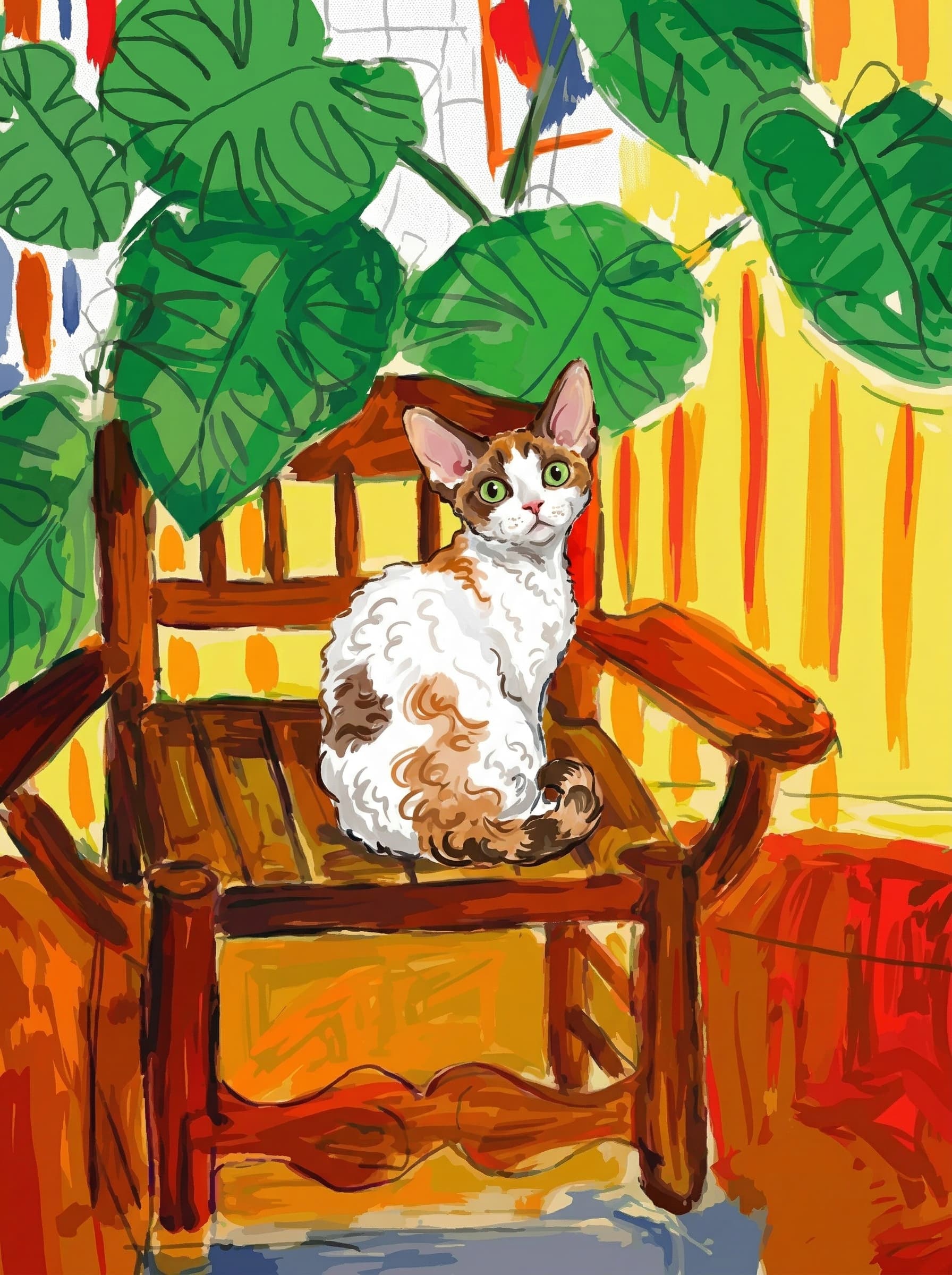 A pet sitting on a brown chair, looking at the viewer. Colors are applied with minimal blending, creating a flat, illustrative feel. The brushwork is broad, rapid, and direct. Strokes are loose, visible, applied thinly, defining the forms quickly without building up significant physical texture or impasto on the surface.