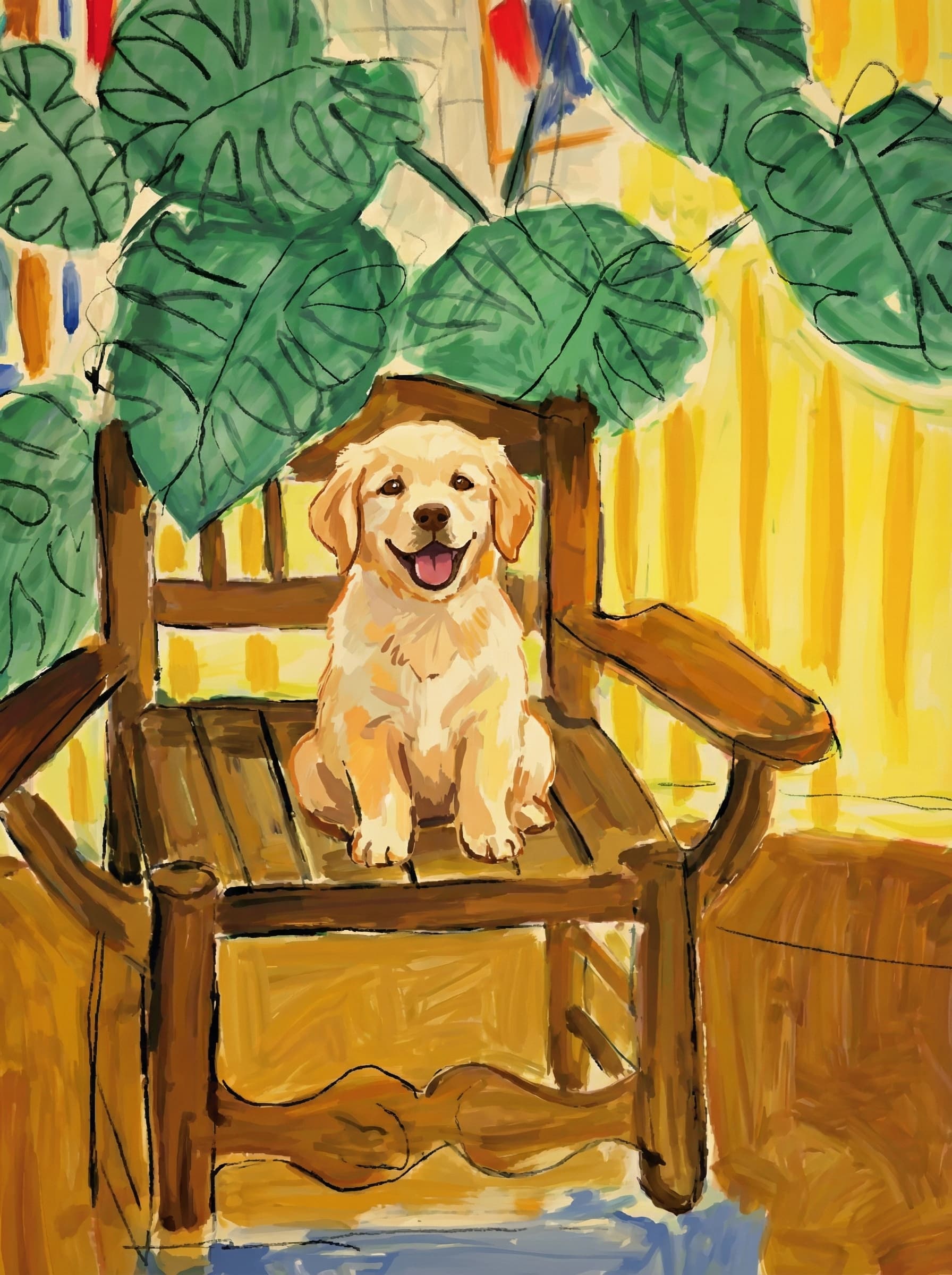 A pet sitting on a brown chair, looking at the viewer. Colors are applied with minimal blending, creating a flat, illustrative feel. The brushwork is broad, rapid, and direct. Strokes are loose, visible, applied thinly, defining the forms quickly without building up significant physical texture or impasto on the surface.