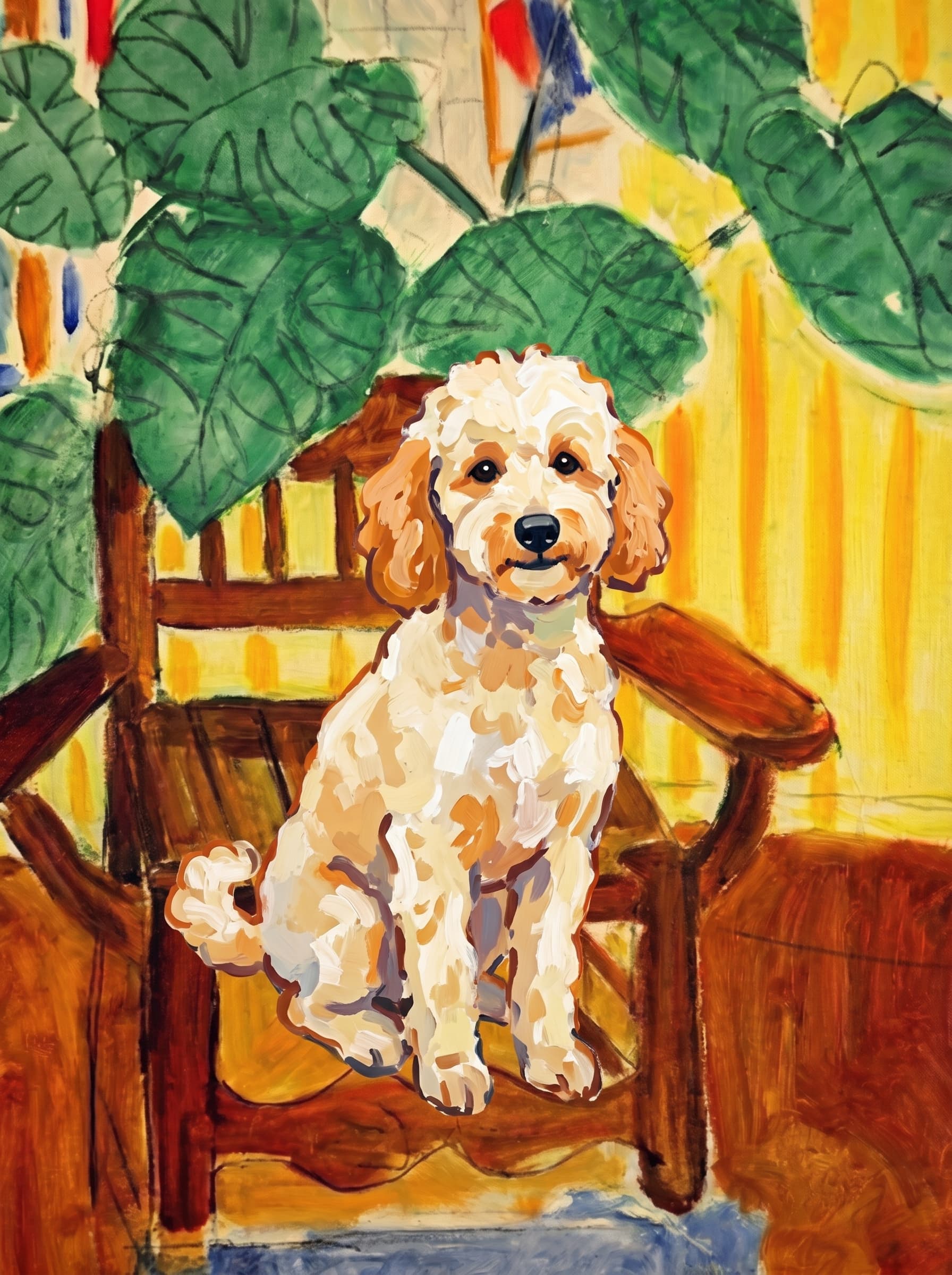 A pet sitting on a brown chair, looking at the viewer. Art Style: Paint in Fauvism, post-impressionism style. Use simplified shapes, exaggerates color, and flattens perspective to create charm and personality.
Use saturated, non-naturalistic colors and flattened perspective reminiscent of Henri Matisse.
The brushwork is loose, visible, and painterly, with uneven strokes that give the surface texture and movement.
Paint with large areas of flat color patches, simplified shapes, bold decorative outlines, and minimal blending.
The composition is flattened and slightly distorted, with compressed perspective.
The painting is expressive, utilizing thick, confident strokes and quick, rhythmic marks that prioritize texture and visual energy over realistic blending or depth.