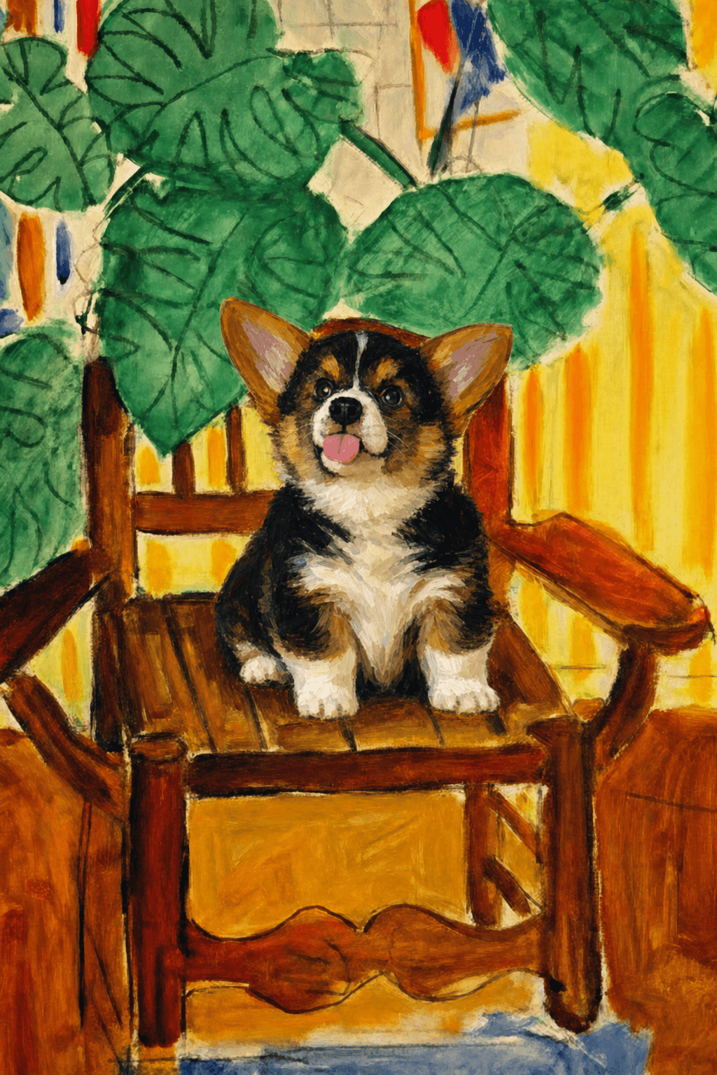 A pet sitting on a brown chair, looking at the viewer. Colors are applied with minimal blending, creating a flat, illustrative feel. The brushwork is broad, rapid, and direct. Strokes are loose, visible, applied thinly, defining the forms quickly without building up significant physical texture or impasto on the surface.