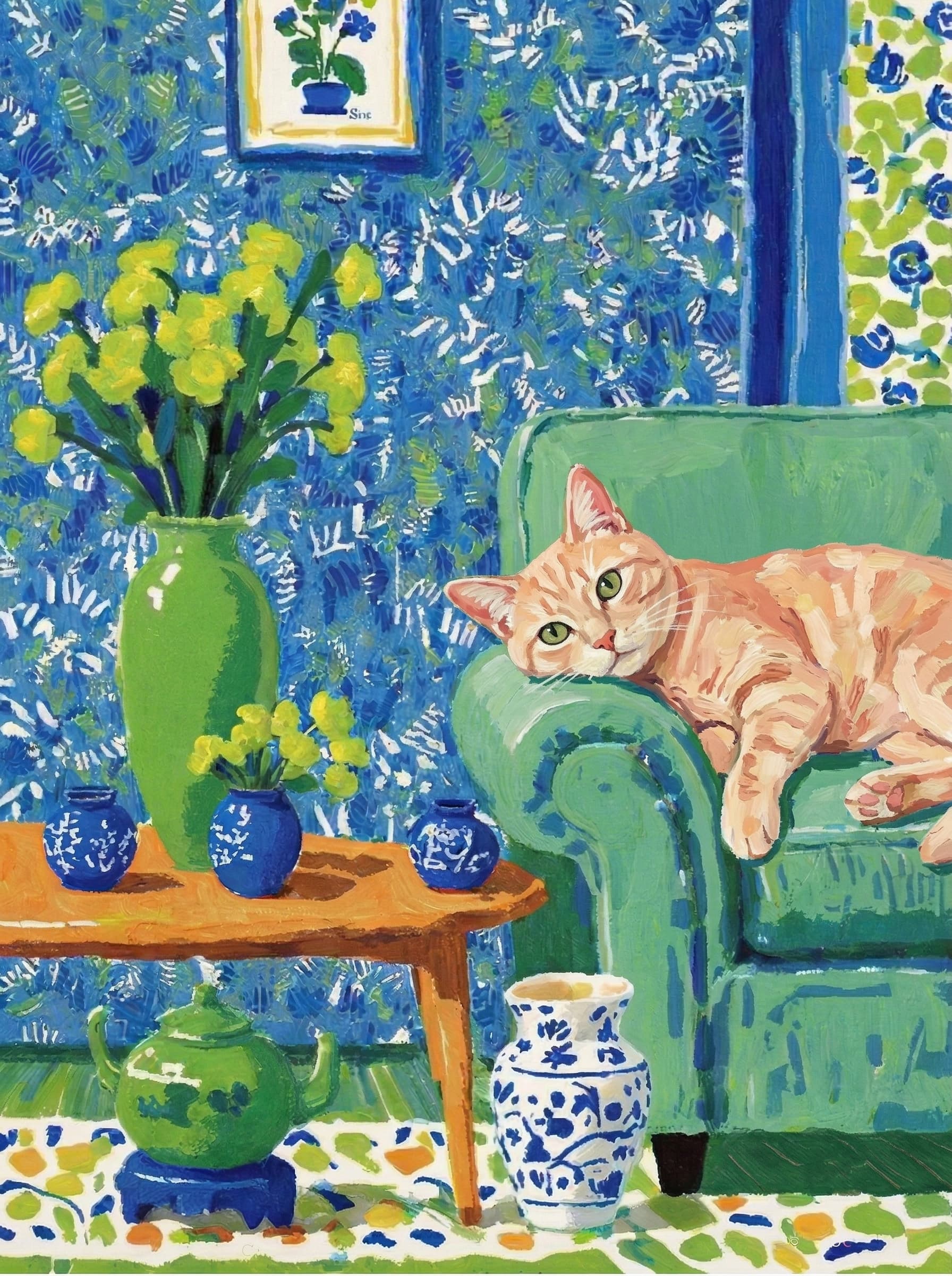 A pet lazy lying on the couch, with head tilt on the edge of couch, eye looking at the the vase. paint in post-impressionism style. Use saturated, non-naturalistic colors and flattened perspective reminiscent of Henri Matisse. painterly and expressive, utilizing thick, confident strokes and quick, rhythmic marks that prioritize texture and visual energy over realistic blending or depth.
