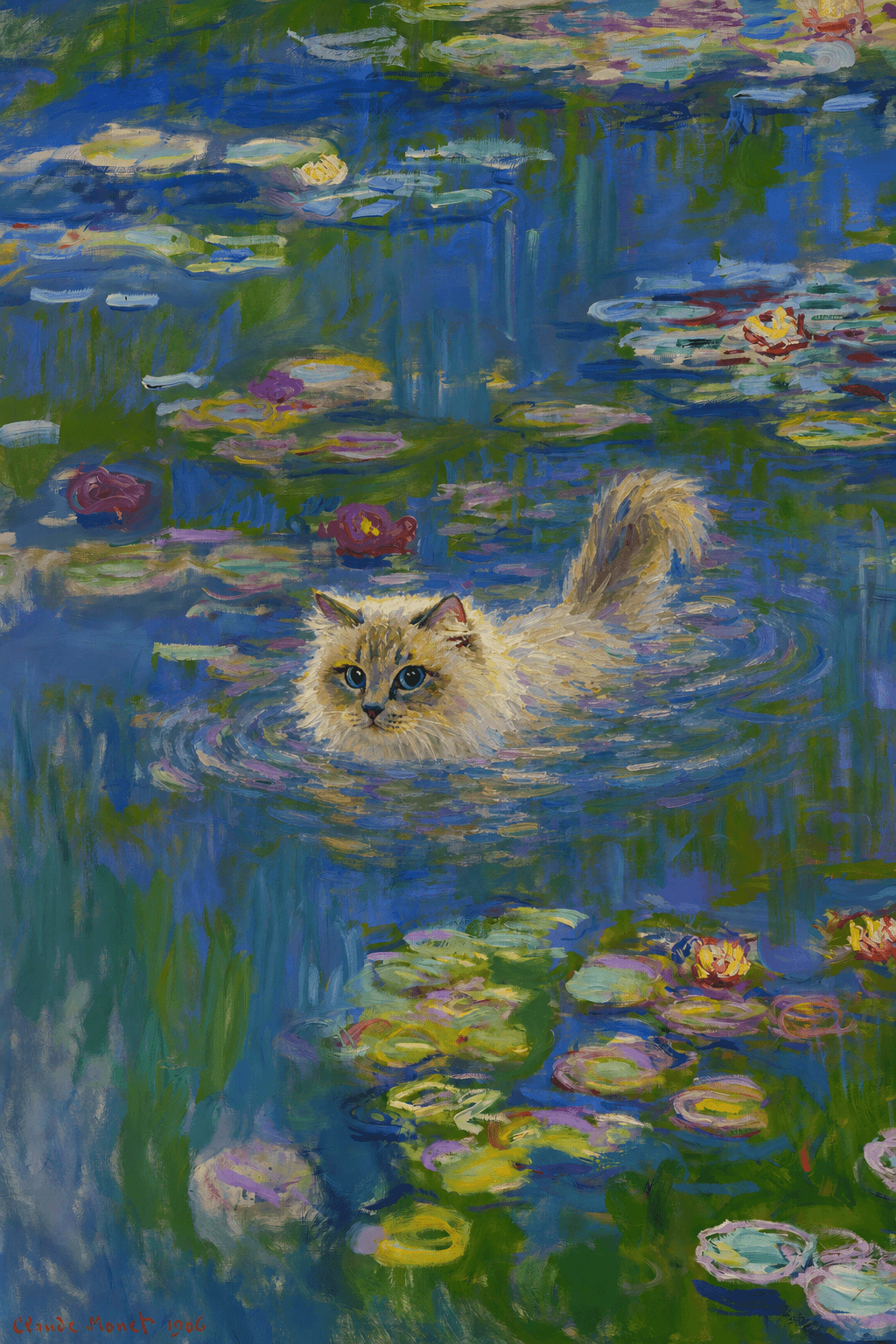 The pet should appear naturally integrated into the middle of the pond, swimming calmly through the water with only its head, upper neck, and a subtle suggestion of its back visible above the surface.
The pet should be facing forward and looking directly at the viewer. Its wet fur should be suggested through painterly strokes.
Blend the pet into the scene using Monet-like impressionist oil painting techniques: visible layered brushstrokes, soft broken color, blue-green reflections, violet shadows, golden-orange highlights, and shimmering ripples around the pet.
The water should partially obscure the pet’s body, with delicate circular ripples spreading outward. Nearby lily pads and water lilies should remain undisturbed but subtly interact with the ripples.
The pet must feel like it was originally painted into the artwork, not pasted on top. Match the atmospheric softness, painterly texture, scale, perspective, and color harmony of the original Water Lilies painting.
Avoid photorealism, sharp outlines, modern digital effects, or excessive detail. The final image should look like a whimsical impressionist oil painting in the spirit of late Monet, with the pet quietly swimming among the lily pads at the center of the pond.
Art Style: Paint in Fauvism, post-impressionism style. Use simplified shapes, exaggerates color, and flattens perspective to create charm and personality.
Use saturated, non-naturalistic colors and flattened perspective reminiscent of Henri Matisse.
The brushwork is loose, visible, and painterly, with uneven strokes that give the surface texture and movement.
Paint with large areas of flat color patches, simplified shapes, bold decorative outlines, and minimal blending.
The composition is flattened and slightly distorted, with compressed perspective.
The painting is expressive, utilizing thick, confident strokes and quick, rhythmic marks that prioritize texture and visual energy over realistic blending or depth.