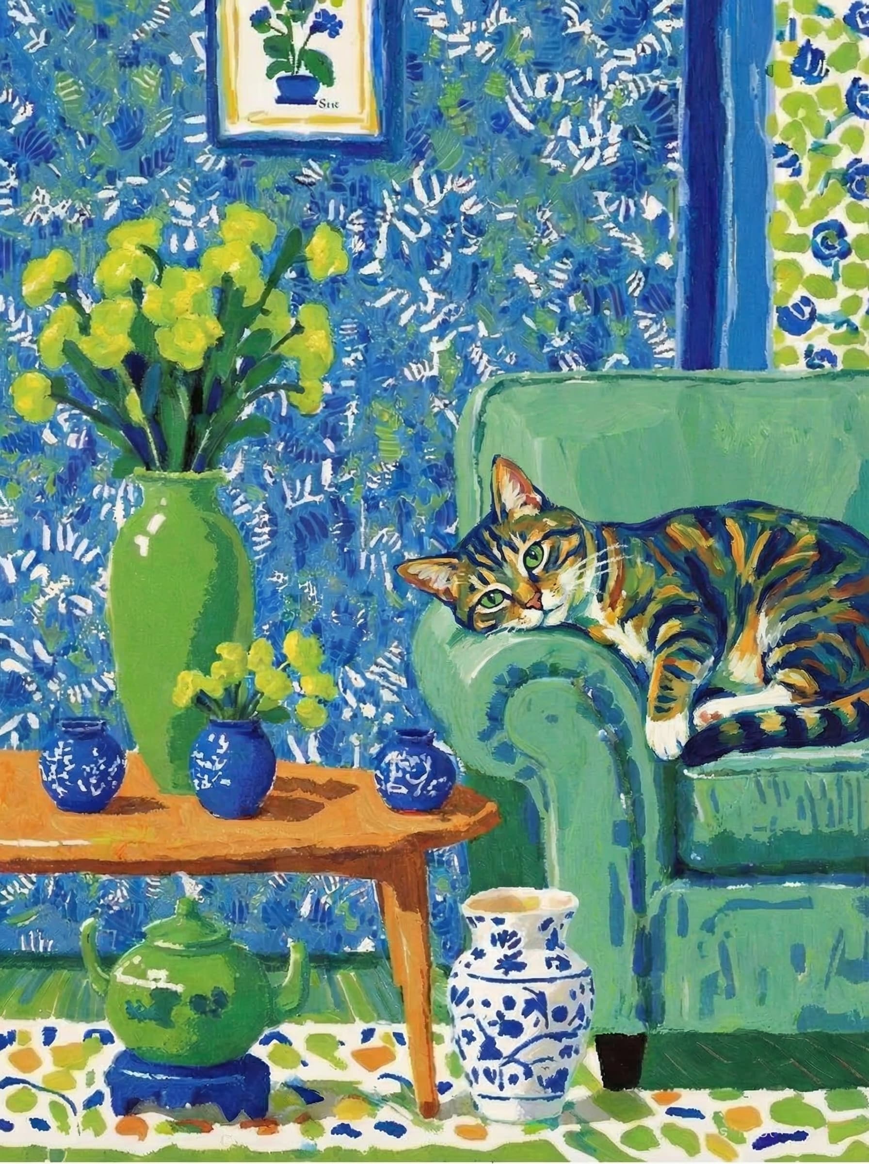 A pet lazy lying on the couch, with head tilt on the edge of couch, eye looking at the the vase. paint in post-impressionism style. Use saturated, non-naturalistic colors and flattened perspective reminiscent of Henri Matisse. painterly and expressive, utilizing thick, confident strokes and quick, rhythmic marks that prioritize texture and visual energy over realistic blending or depth.