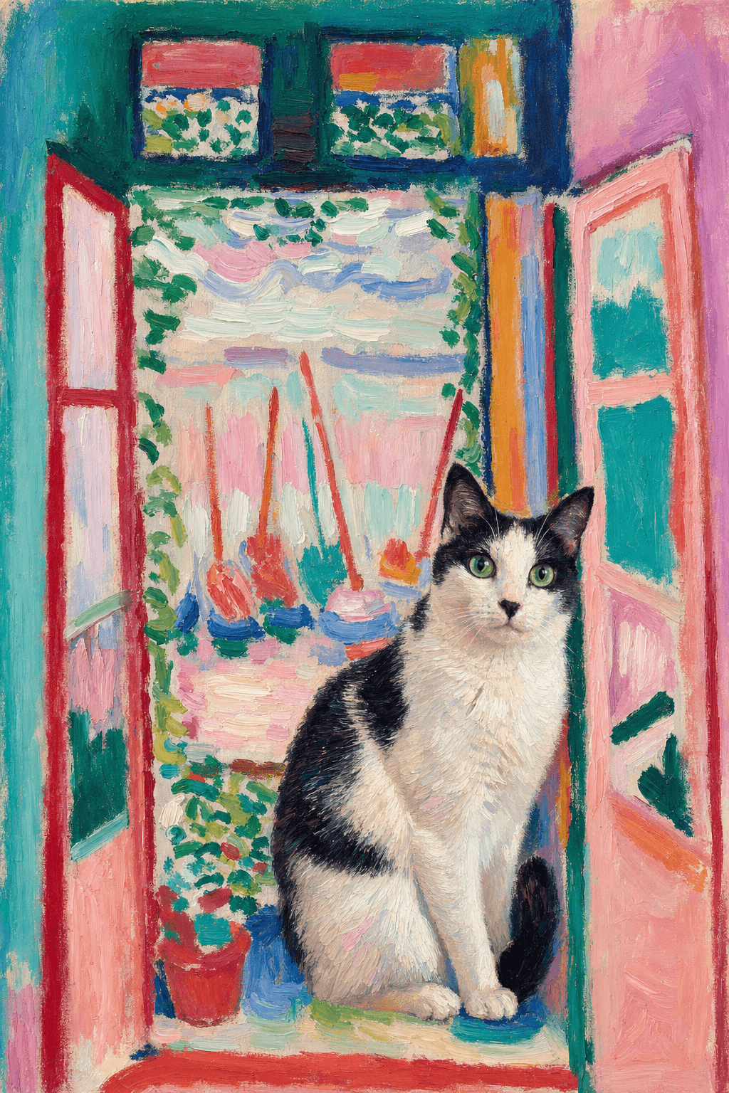 A pet sitting on the right bottom frame of an open door, with its back to the opening while facing the room, looking at the viewer, slight leaning on the right-side door panel. Paint in post-impressionism style. Use loosely painted, vibrantly colored, stylized, vertical painting.