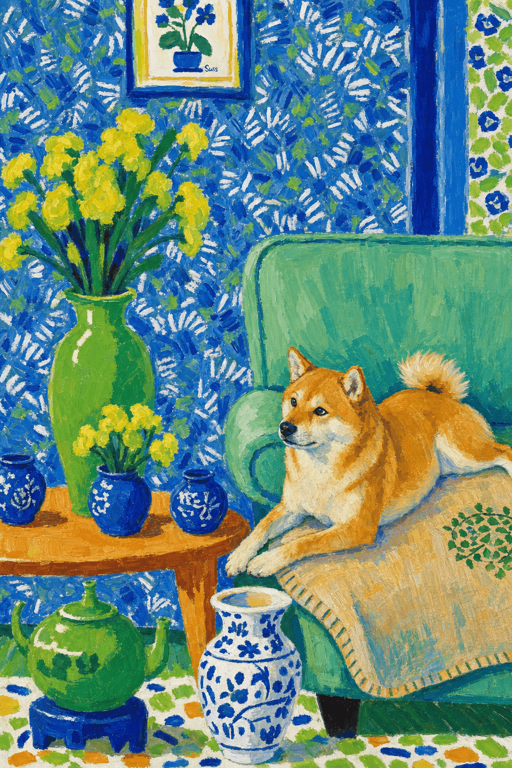 A pet lazy lying on the couch, with head tilt on the edge of couch, eye looking at the the vase. paint in post-impressionism style. Use saturated, non-naturalistic colors and flattened perspective reminiscent of Henri Matisse. painterly and expressive, utilizing thick, confident strokes and quick, rhythmic marks that prioritize texture and visual energy over realistic blending or depth.